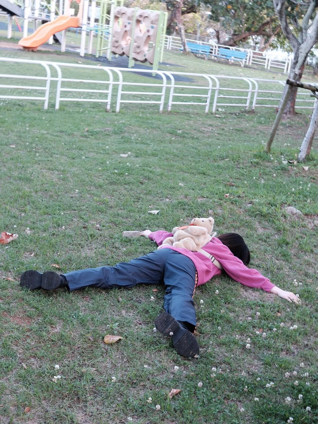 Photo by MINAMO on April 08, 2026. May be an image of sleeping, grass, park, picnic and text.