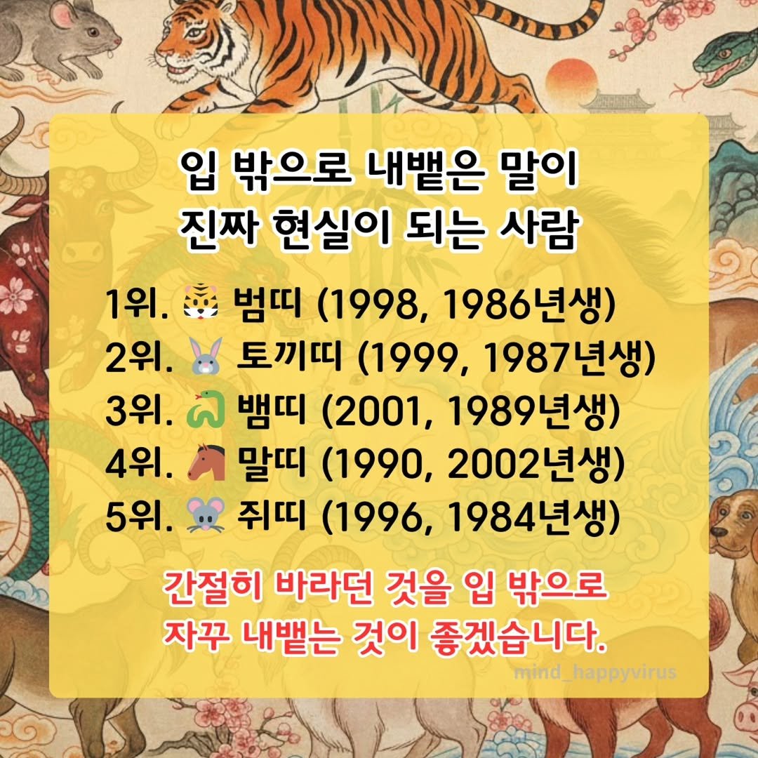 Photo by 마인드 업/마인드해피바이러스 on December 29, 2025. May be an image of text that says '입 밖으로 내뱉은 말이 진짜 현실이 되는 사람 1위. 소영 범띠 (1998, 1986년생) 2위. 토끼띠 (1999, 1987년생) 3위. ಎ 뱀띠 (2001, 1989년생) 4위. 말띠 (1990, 2002년생) 5위. 쥐띠 (1996, 1984년생) 간절히 바라던 것을 입 밖으로 자꾸 내뱉는 것이 좋겠습니다. mind happyvirus'.