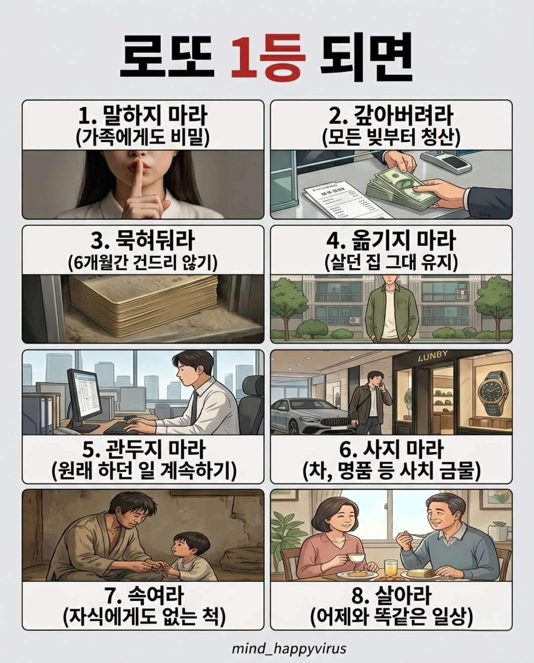Photo by 마인드 업/마인드해피바이러스 on April 27, 2026. May be an image of text that says '로또 1등 되면 1. 말하지 마라 2. 갚아버려라 (가족에게도 비밀) (모든 빛부터 청산) 3. 묵혀둬라 (6개월간 건드리 않기) 4. 옮기지 마라 (살던 집 그대 유지) LUNBY 5. 관두지 마라 (원래 하던 일 계속하기) 6. 사지 마라 (차, 명품 명품등사치금물) 품 등 사치 금물) 7. 속여라 8. 살아라 (자식에게도 없는 척) (어제와 똑같은 일상) mind_happyvirus'.