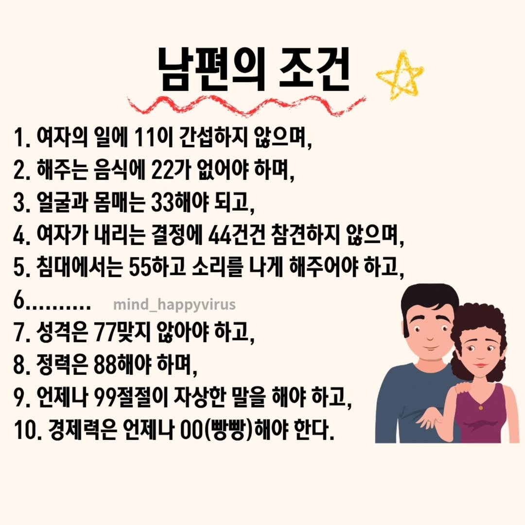 Photo by 좋은글/마인드 업/마인드해피바이러스 on August 13, 2025. May be an image of pie and text that says '남편의 조건 1. 여자의 일에 11이 간섭하지 않으며, 2. 해주는 음식에 22가 없어야 하며, 3. 얼굴과 몸매는 33해야 되고, 4. 여자가 내리는 결정에 44건건 참견하지 않으며, 5. 침대에서는 55하고 소리를 나게 해주어야 하고, 6.......... mind_happyvirus 7. 성격은 77맞지 않아야 하고, 8. 정력은 88해야 하며, 9. 언제나 99절절이 자상한 말을 해야 하고, 10. 경제력은 언제나 00 00(빵빵)해ㅇ 해야 한다.'.