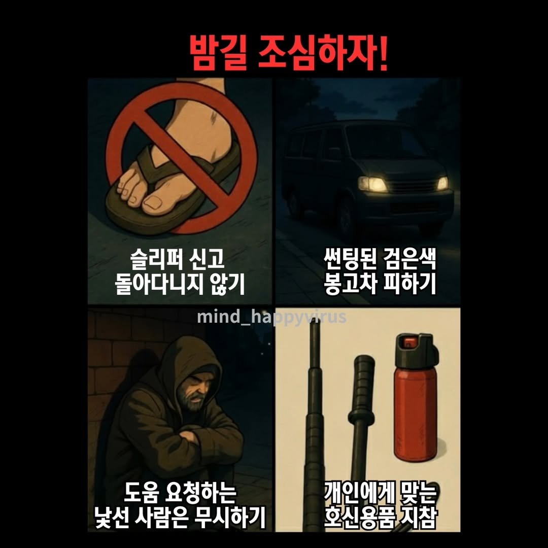 Photo by 좋은글/마인드 업/마인드해피바이러스 on September 30, 2025. May be an image of 1 person and text that says '밤길 조심하자! 슬리퍼 신고 썬팅된 검은색 돌아다니지 않기 봉고차 피하기 mind_ mind_happywrus us 도움 요청하는 낯선 사람은 무시하기 개인에게 맞는 호신용품 지참'.