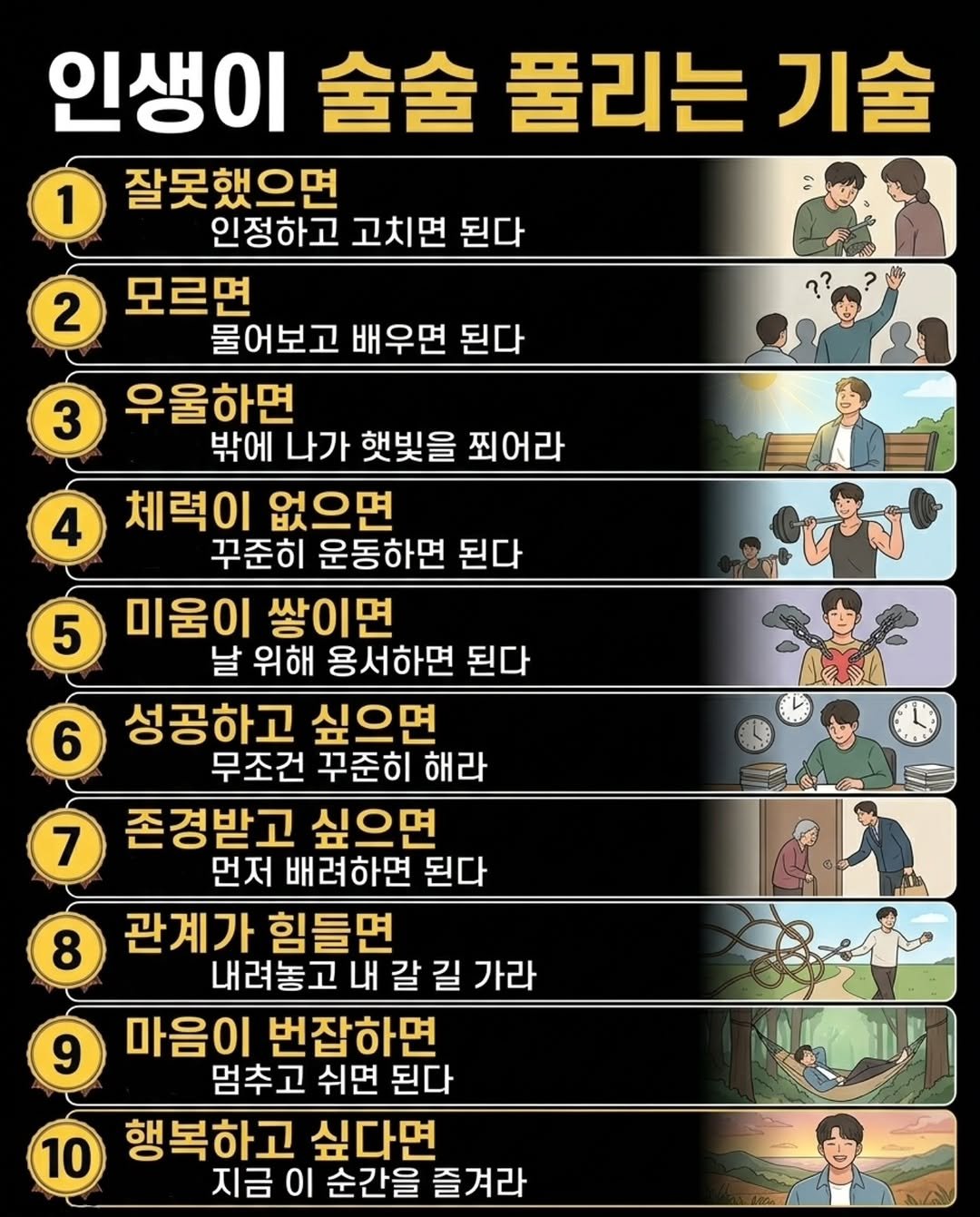 Photo by 마인드 업/마인드해피바이러스 on April 27, 2026. May be a cartoon of text that says '2 3 4 5 인생이 인생이술술풀리는기술 爸爸 풀리는 기술 1 잘못했으면 인정하고 고치면 된다 모르면 물어보고 배우면 된다 우울하면 밖에 나가 햇빛을 찍어라 체력이 없으면 꾸준히 운동하면 된다 미움이 쌓이면 날 위해 용서하면 된다 성공하고 싶으면 무조건 꾸준히 해라 존경받고 싶으면 먼저 배려하면 된다 관계가 힘들면 내려놓고내갈길가라 길 가라 내려놓고 갈 마음이 번잡하면 멈추고 쉬면 된다 10 행복하고 싶다면 지금 이 순간을 즐겨라 6 7 8 9'.