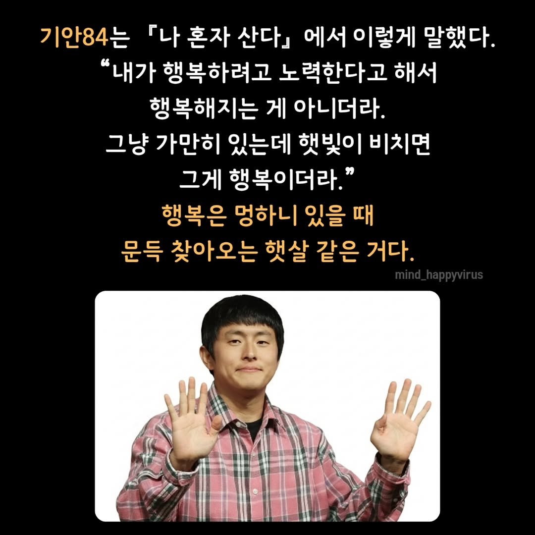 Photo by 마인드 업/마인드해피바이러스 on December 31, 2025. May be an image of pie and text that says '기안84는 「나 혼자 산다」 에서 이렇게 말했다. "내가 행복하려고 노력한다고 해서 복해지는 게 아니더라. 그냥 가만히 있는데 햇빛이 비치면 그게 행복이더라." 행복은 멍하니 있을 때 문득 찾아오는 햇살 같은 거다.'.