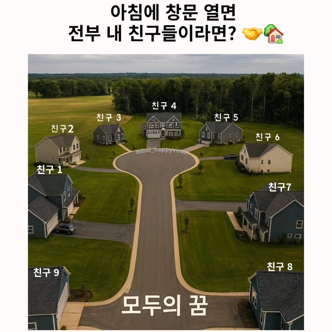Photo by 좋은글/마인드 업/마인드해피바이러스 on August 12, 2025. May be an image of text that says '아침에 창문 열면 전부 내 친구들이라면? 친구3 친구4 친구2 鹿国町创 AHAb 川法び 친구5 친구1 1 mimd_thappyvires 친구6 친구7 친구9 친구 친구8 8 모두의 꿈'.