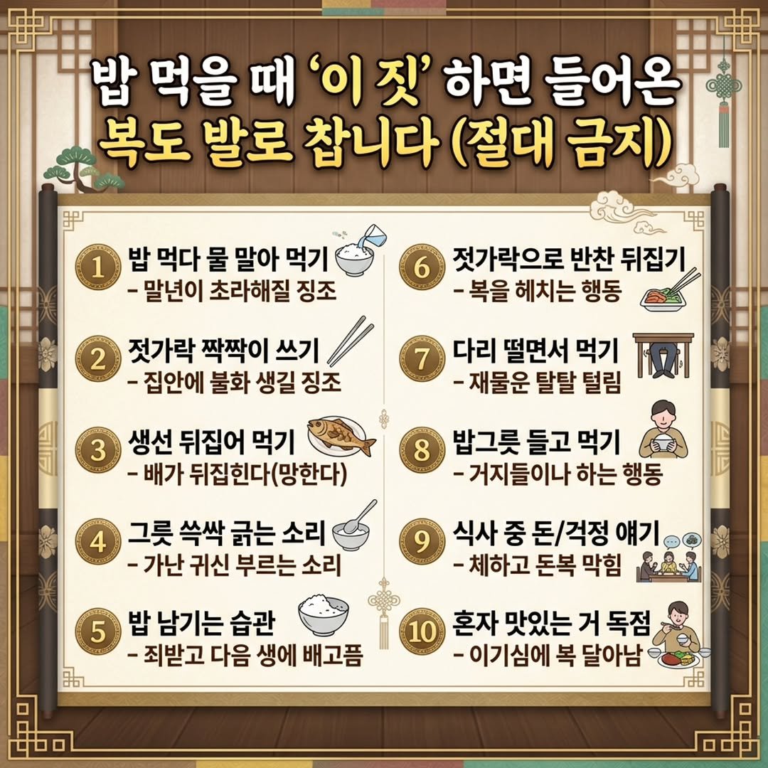 Photo by 마인드 업/마인드해피바이러스 on February 21, 2026. May be an image of text that says '里 밥 먹을 때 '이 짓' 하면 들어온 복도 발로 참니다 (절대 금지) துர 밥 먹다 물 말아 먹기 -말년이 초라해질 징조 젓가락으로 반찬 뒤집기 -복을 헤치는 행동 2 젓가락 짝짝이 쓰기 -집안에 불화 생길 징조 다리 떨면서 먹기 -재물운 탈탈 털림 3 생선 뒤집어 먹기 -배가 뒤집힌다(망한다) 8 밥그릇 들고 먹기 -거지들이나 하는 행동 그릇 쓱싹 긁는 소리 -가난 귀신 부르는 소리 식사 중 돈/걱정 얘기 -체하고 돈복 막힘 5 밥 남기는 밥남기는습관 습관 -죄받고 다음 생에 배고품 혼자 맛있는 거 독점 -이기심에 복 달아남 ロ時'.