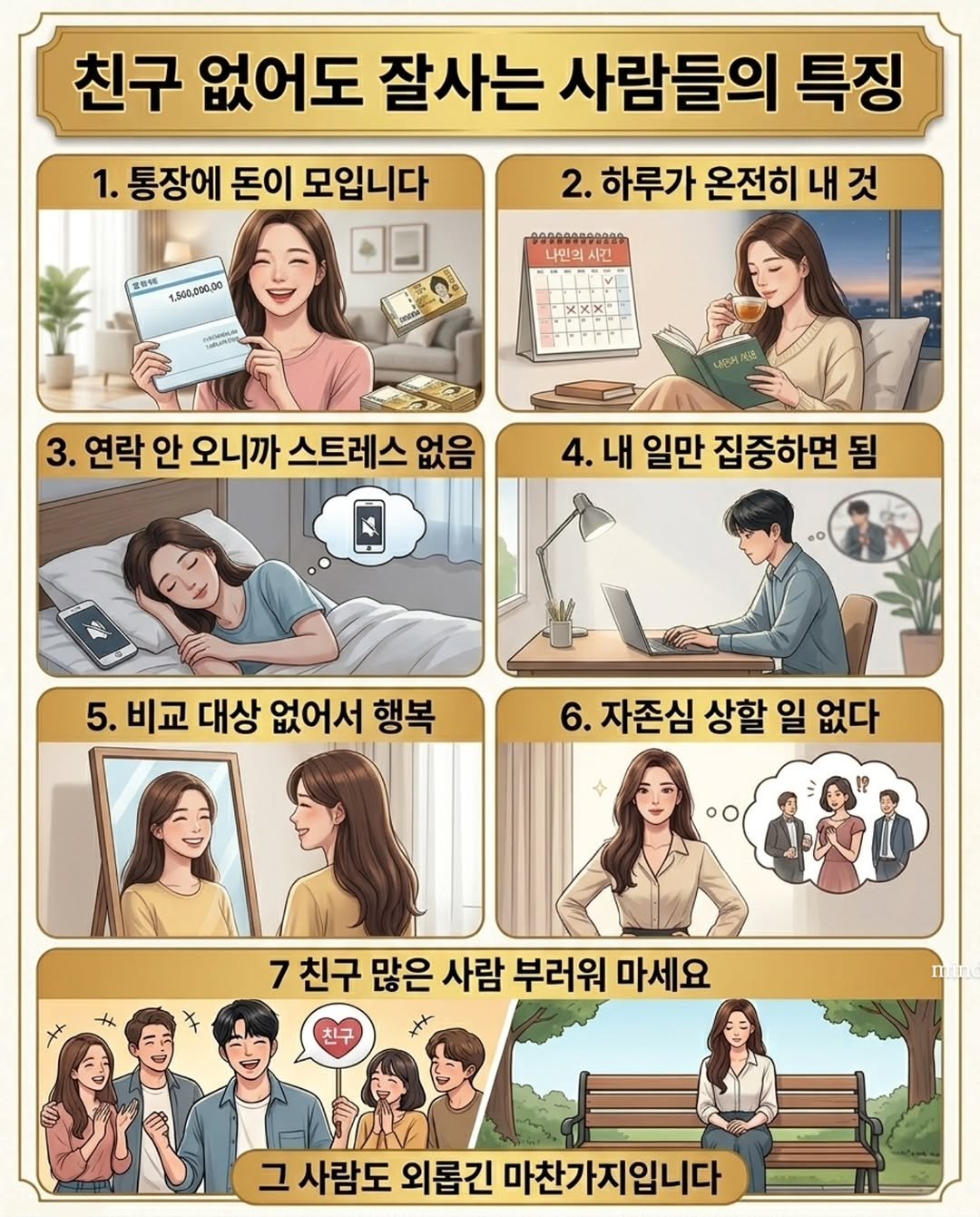 Photo by 마인드 업/마인드해피바이러스 on April 27, 2026. May be a cartoon of poster and text that says '친구 없어도 잘사는 사람들의 특징 1. 통장에 돈이 모입니다 营格料 1.800,000.00 2. 하루가 온전히 내 것 999899598288 나민의사간 사간 3. 연락 안 오니까 스트레스 없음 4. 내 일만 집중하면 됨 5. 비교 대상 없어서 행복 6. 자존심 상할 일 없다 7 7친구 많은 사람 부러워 마세요 # 그 사람도 외롭긴 마찬가지입니다'.