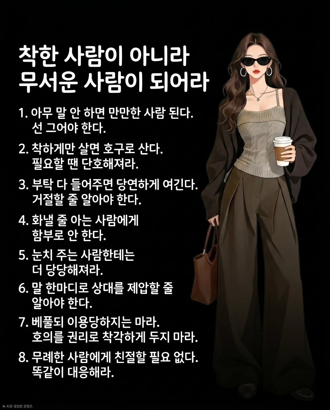 Photo by 마인드 업/마인드해피바이러스 on April 26, 2026. May be an image of text that says '착한 사람이 아니라 무서운 사람이 되어라 1. 아무 말 안 하면 만만한 사람 된다. 선 그어야 한다. 2. 착하게만 살면 호구로 산다. 필요할 땐 단호해져라. 3. 부탁 다 들어주면 당연하게 여긴다. 거절할 줄 알아야 한다. 4. 화낼 줄 아는 사람에게 함부로 안 한다. 5. 눈치 주는 사람한테는 더 당당해져라. 6. 말 한마디로 상대를 제압할 줄 알아야 한다. 7. 베풀되 이용당하지는 마라. 호의를 권리로 착각하게 두지 마라. 8. 무례한 사람에게 친절할 필요 없다. 똑같이 대응해라.'.