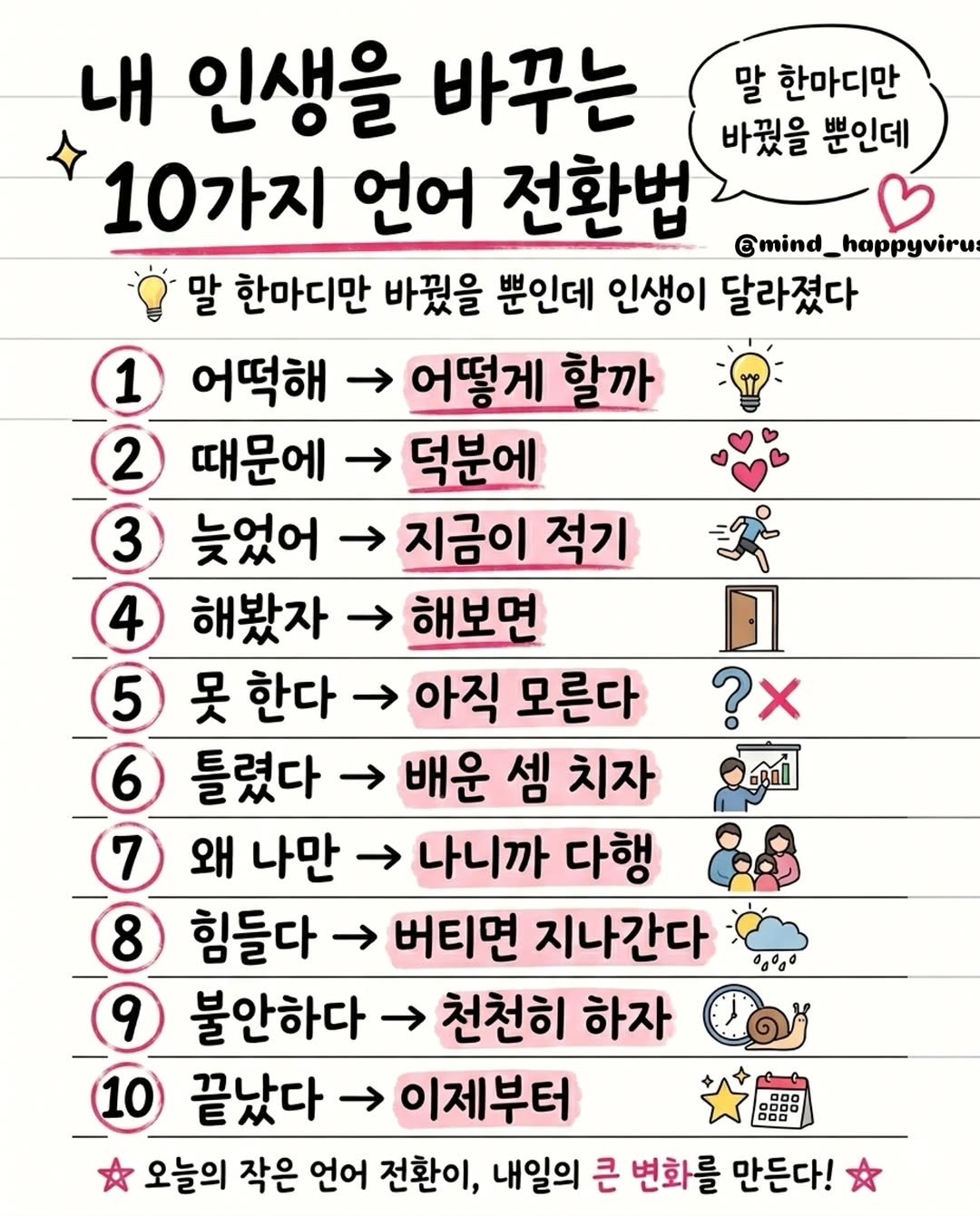 mind_happyvirus 게시물 이미지: 내가 나에게 무심코 던지던 부정적인 말들을
아주 조금만 긍정의 방향으로...