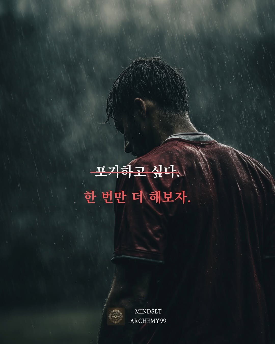 Photo by 마인드셋 연금술 on September 21, 2025. May be an image of 1 person, poster, outdoors and text that says '포기하고 싶다. 한 번만 더 한번만더해보자. 해보자. MINDSET ARCHEMY99 Y99'.