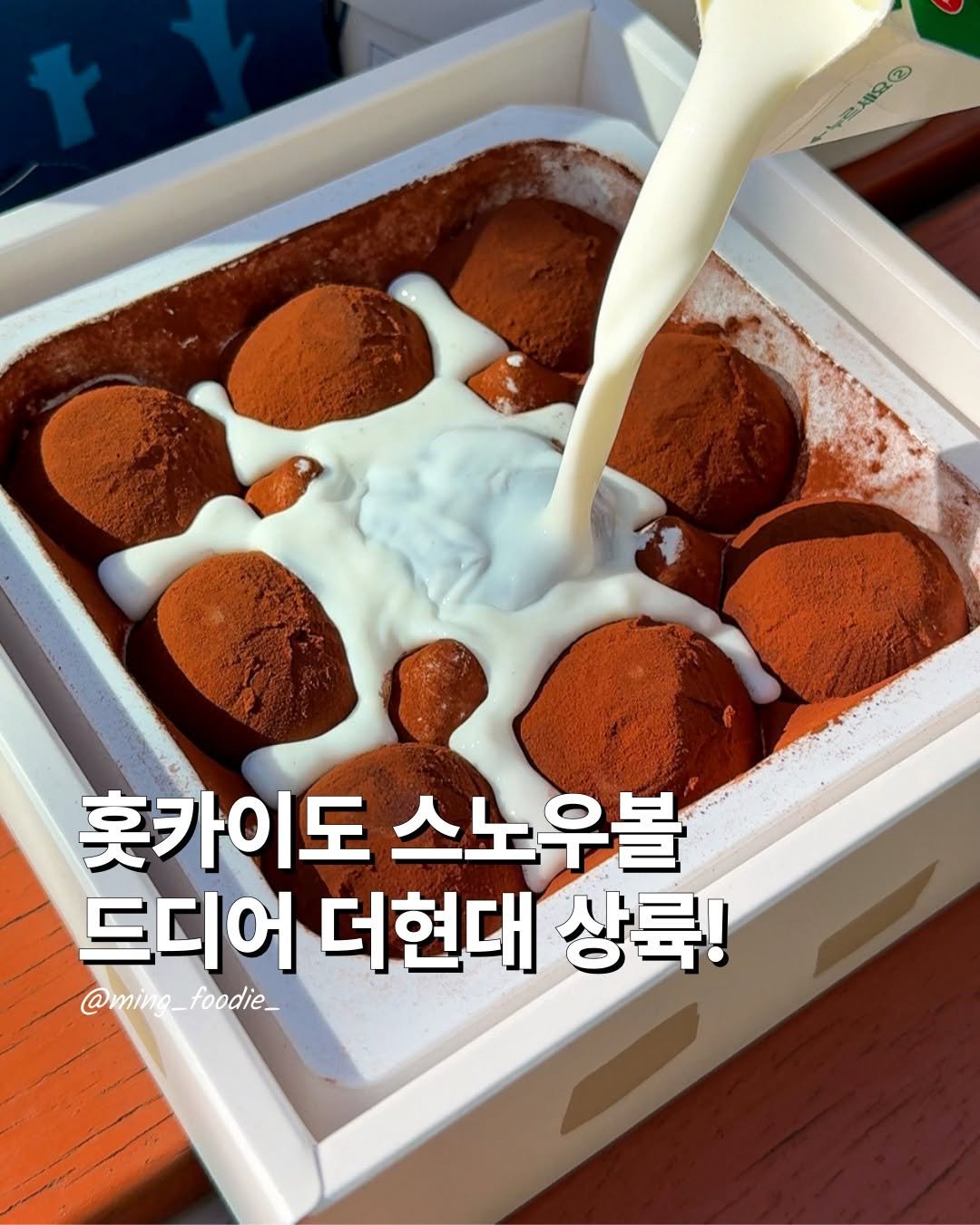 Photo by 밍푸디(손민정) | 서울맛집 핫플 신상 꿀팁 on November 21, 2025. May be an image of tiramisu and text that says '18 홋카이도스노우볼 宴 홋카이도 스노우볼 드디어 더현대 상륙! @ming_foodie_ @ming _foodie_'.