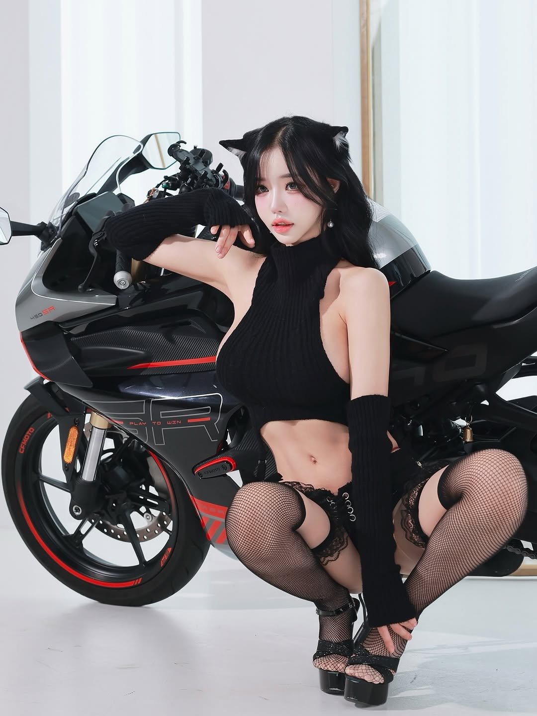 Photo shared by 민한나(박채희) on September 30, 2025 tagging @_.ma._.ru._. May be an image of 1 person, motorcycle, fishnet stockings and text.