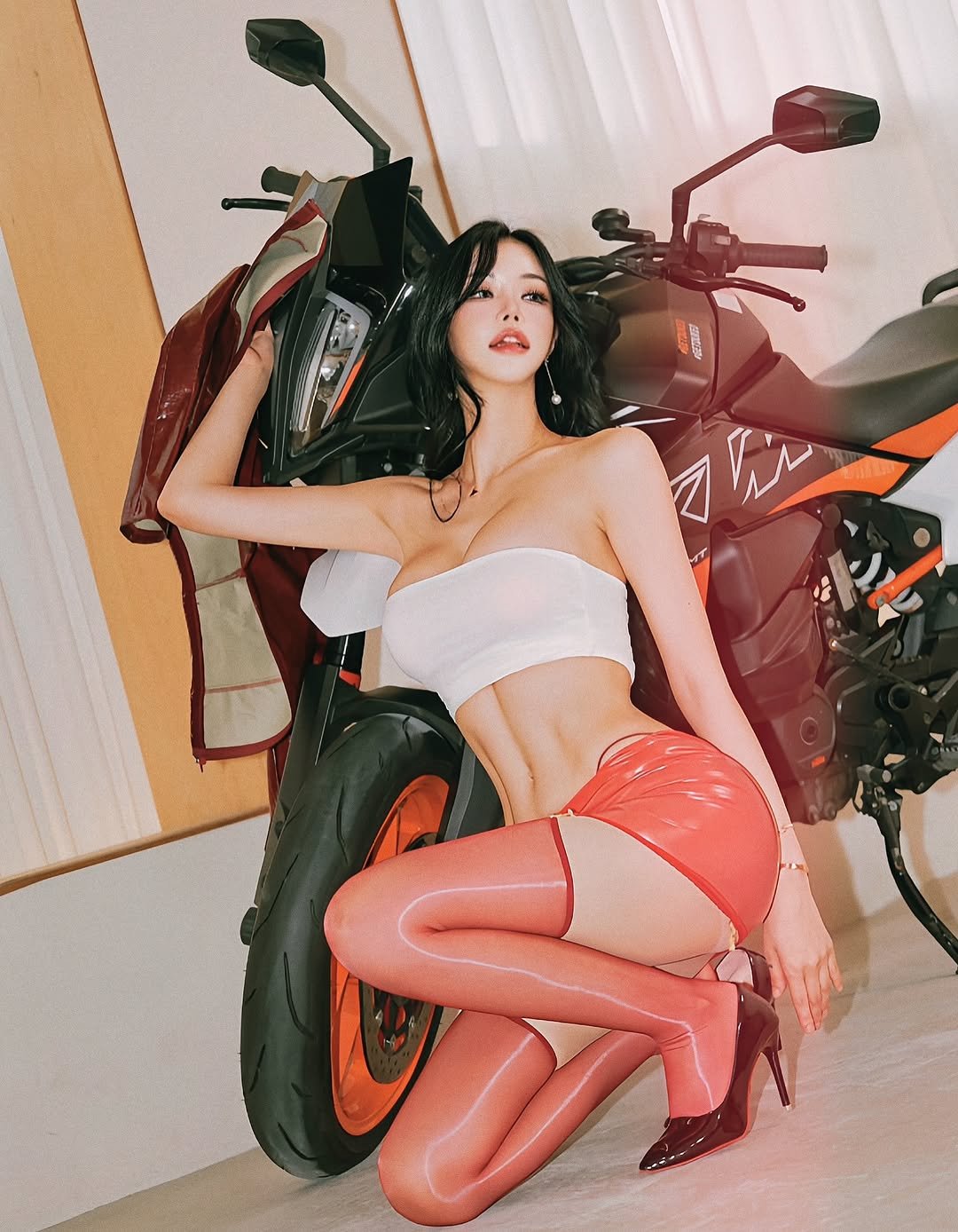 Photo shared by 민한나(박채희) on September 29, 2025 tagging @gotaya_1. May be an image of 1 person, motorcycle, scooter, fishnet stockings and text.
