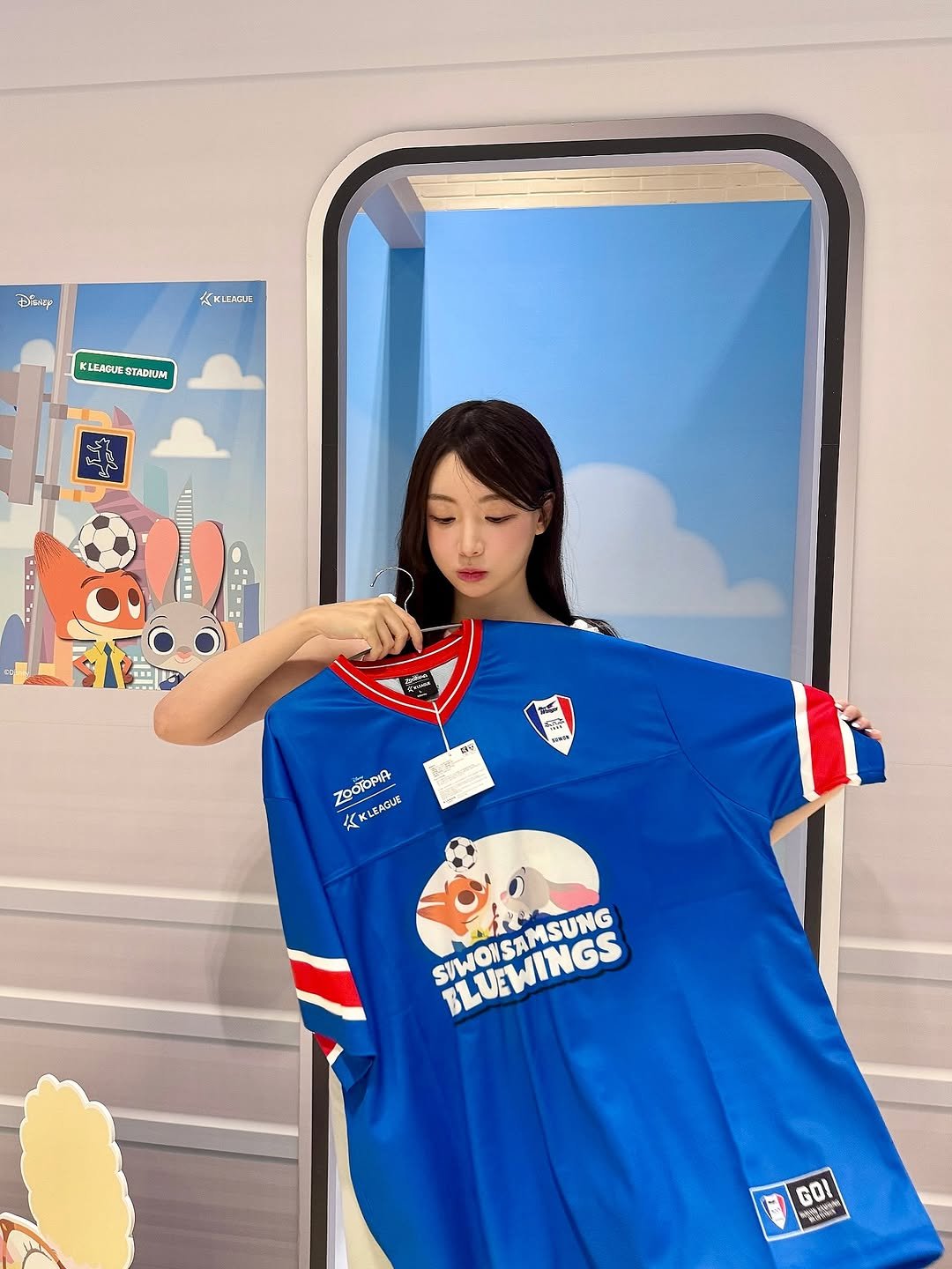Photo shared by 민선 (Gwak Min Seon) on July 25, 2025 tagging @kleague, and @suwonsamsungfc. May be an image of 1 person, sleepwear, clothes hanger, bath robe and text.