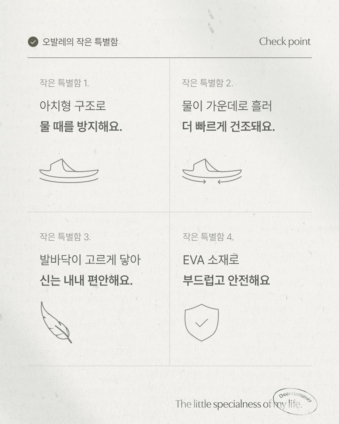 Photo by 민스샵 ㅣ 미인채 대표  천정민 on February 22, 2026. May be an image of ‎poster and ‎text that says '‎오발레의 작은 특별함 작은 특별함1 Check point 아치형 구조로 물 때를 방지해요. 작은 특별함 특별함2. 2. 물이 가운데로 흘러 더 빠르게 건조돼요. ح 작은 특별함 작은특별함3. 3. 발바닥이 고르게 닿아 신는 내내 편안해요. 작은 특별함 4. EVA 소재로 부드럽고 안전해요 Dear The heilittespecialnessofkgylife. pear.customer Te little specialness of life.‎'‎‎.