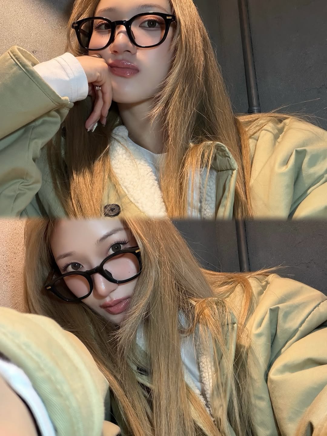 Photo by 홍대미용실 미뉴잇 미유 /홍대탈색 /백금발/애쉬베이지/블랙빼기/복구탈색/뿌리탈색 in 홍대입구역. May be a selfie of one or more people, hair, eyeglasses, duffle coat, parka, top and text.