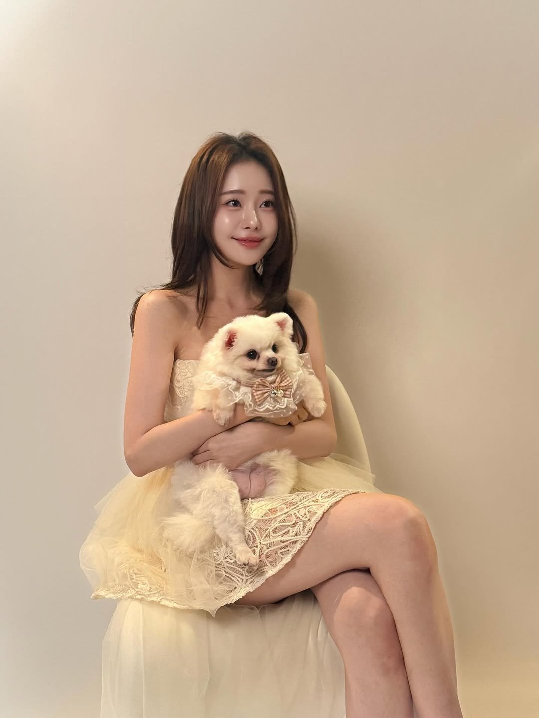 Photo shared by 김민영🌸아옳이 on December 12, 2025 tagging @mihostudio. May be an image of Pekinese, Maltese, dress and text.