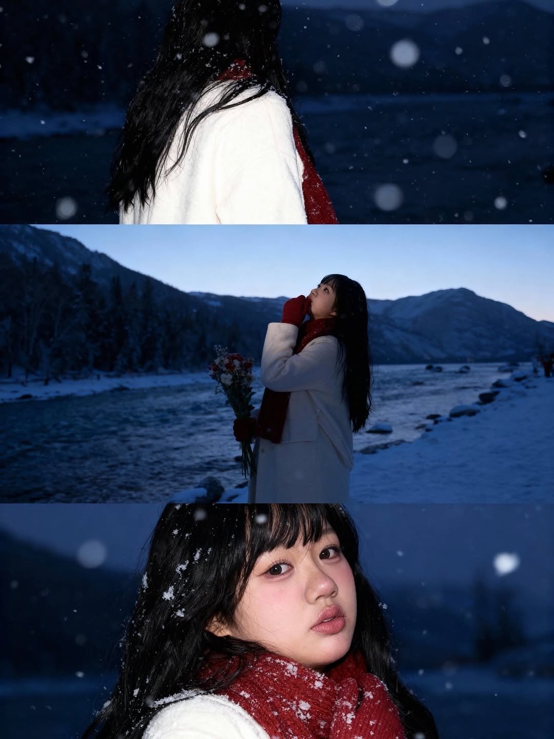 Photo by 미레이☁️🍓 on October 30, 2025. May be an image of one or more people, hair, parka, snow and text.