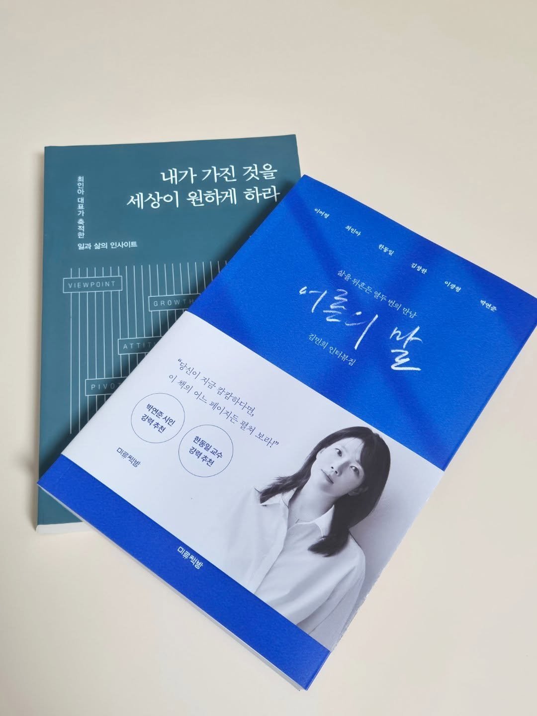 Photo by 미류책방 on October 27, 2025. May be an image of ‎magazine, book, poster and ‎text that says '‎내가 가진 것을 세상이 원하게 하라 이이 M 무리 일과 삶의 인사이드 아여빵 책임이 VIEWPOINT 이광향 박연준 한물말 함위 어를의 말 nh 삶을 뒤흔돈 일두 번의 땅녕 김민희 인더는 집 "당신이 س 아느 강력추천 박연준시인 시인 이책어느베이지든말처_보마! 이 책외 지금 펩이지든 칼입하다면 필. 보라 明潮場 강력 한뜻영교수 D彈 무벽방‎'‎‎.