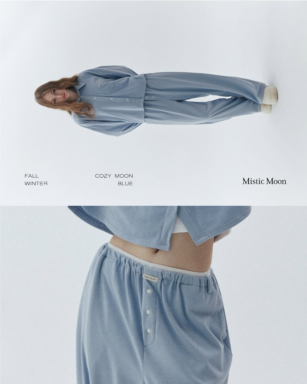 Photo by Mistic Moon (미스틱문) on October 18, 2025. May be an image of sleepwear, sweatpants, drawstring and text that says 'FALL WINTER COZYMOON COZY MOON BLUE Mistic MisticMoon Moon'.