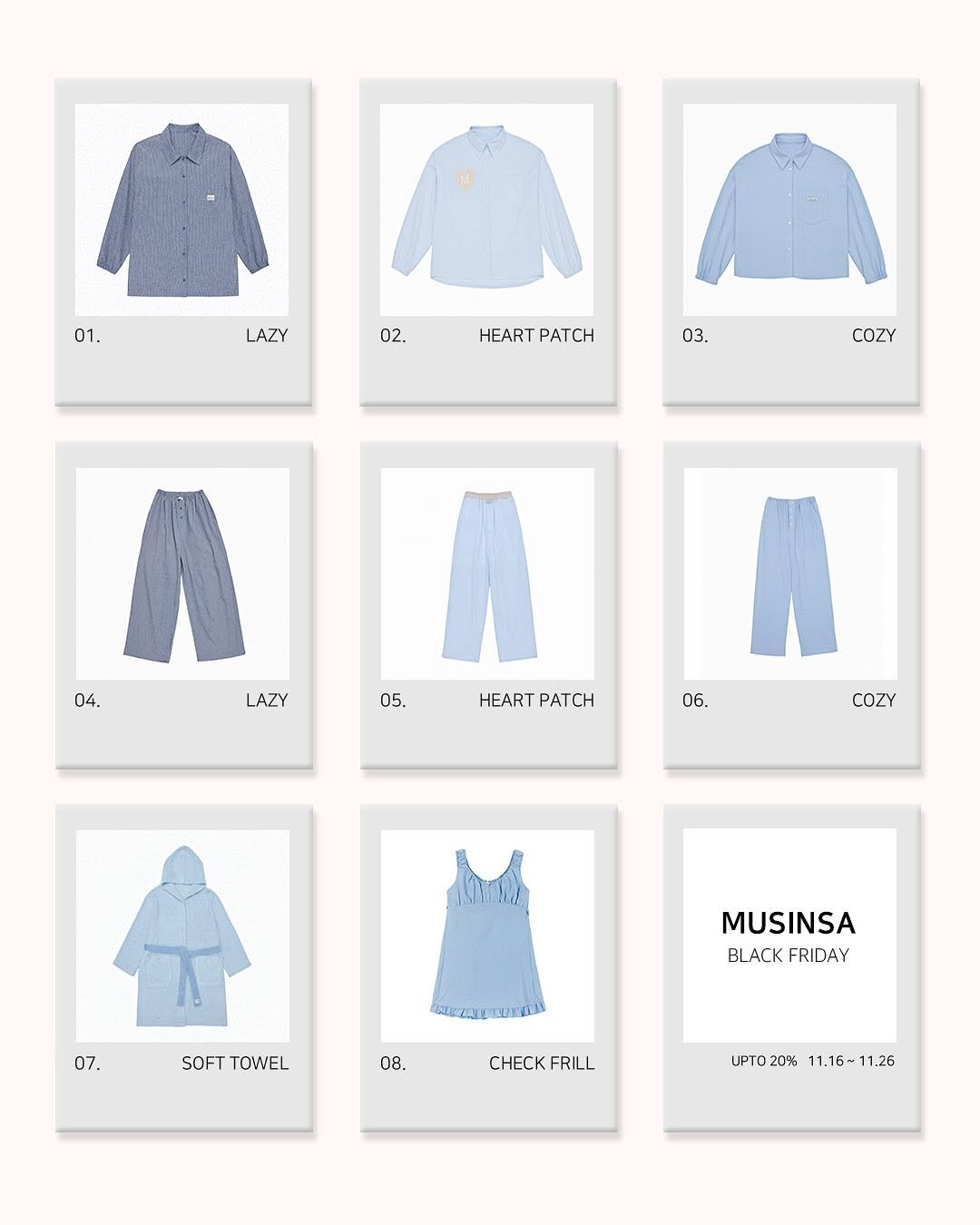 Photo by Mistic Moon (미스틱문) on November 18, 2025. May be an illustration of clothes hanger and text that says '01. LAZY 02, HEART PATCH 03. COZY 04. LAZY 05. HEART PATCH 06. COZY 07. MUSINSA BLACKFRIDAY BLACK FRIDAY SOFTTOWEL SOFT TOWEL WИA 08. CHECK CHECKFRILL FRILL UPTD20% 11.16-11.26'.