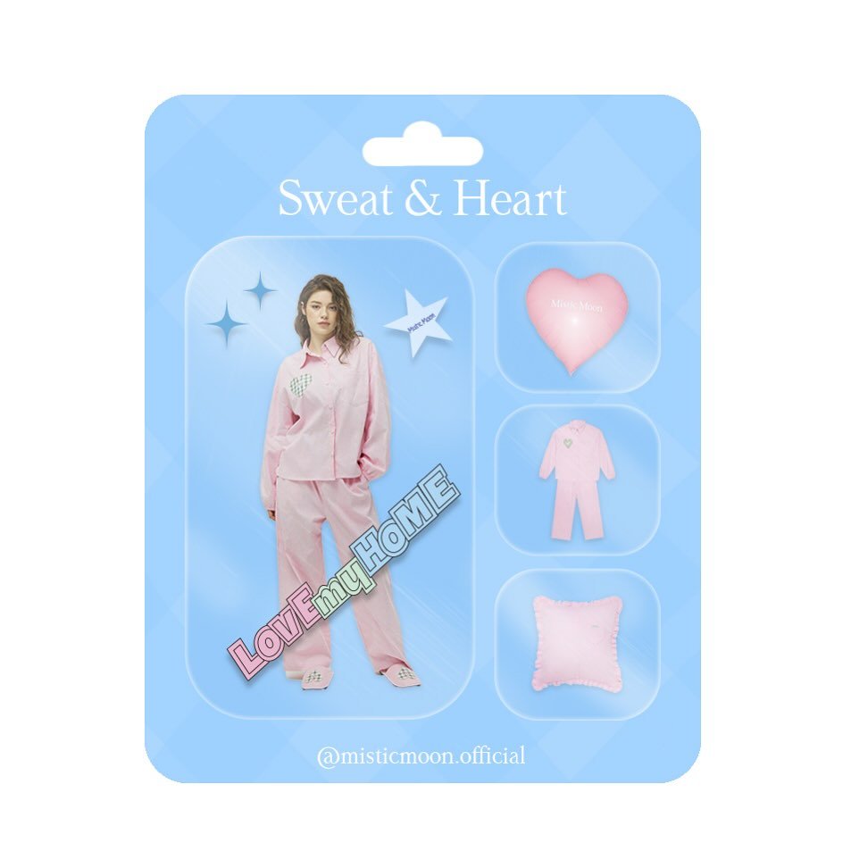 Photo by Mistic Moon (미스틱문) on September 11, 2025. May be an image of 1 person, sleepwear, sweatpants, drawstring and text that says 'Sweat Sweat&Heart & Heart 戦 LOVEmyHOME botchec @misticmoon.official'.