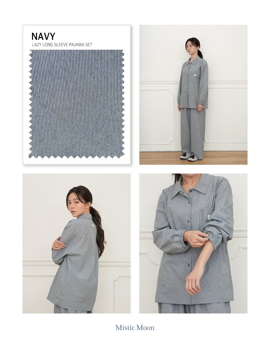 Photo by Mistic Moon (미스틱문) on January 08, 2026. May be an image of sleepwear and text that says 'NAVY LAZY LONG SLEEVE PAJAMA LAZYLONGSLEEVEPAJAMASET SET Mistic MisticMoon Moon'.