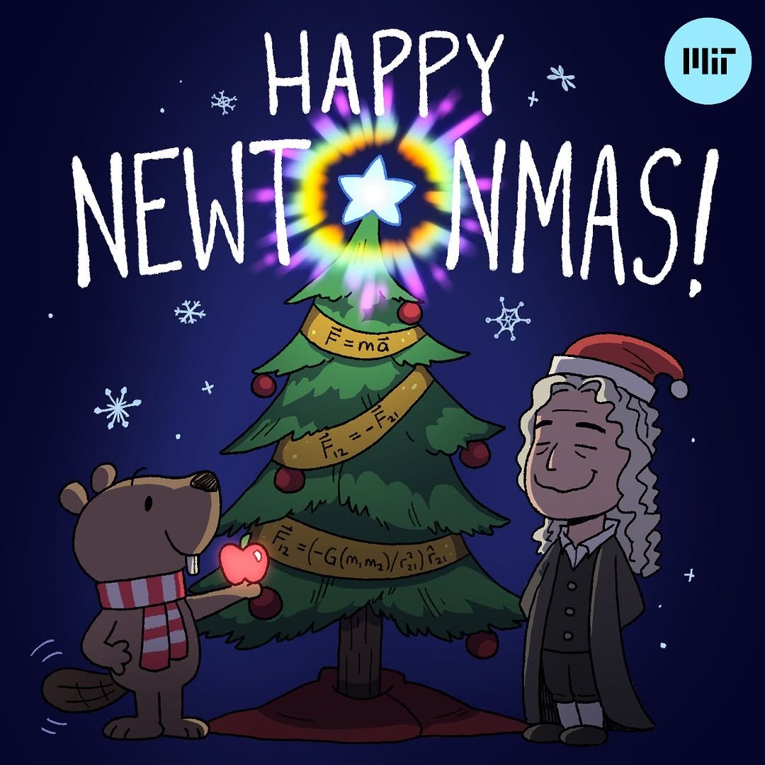 An illustration titled 'Happy Newtonmas!' featuring a beaver holding an apple next to a Christmas tree decorated with mathematical and physics formulas, and a caricature of Isaac Newton wearing a Santa hat, all set against a starry night sky.