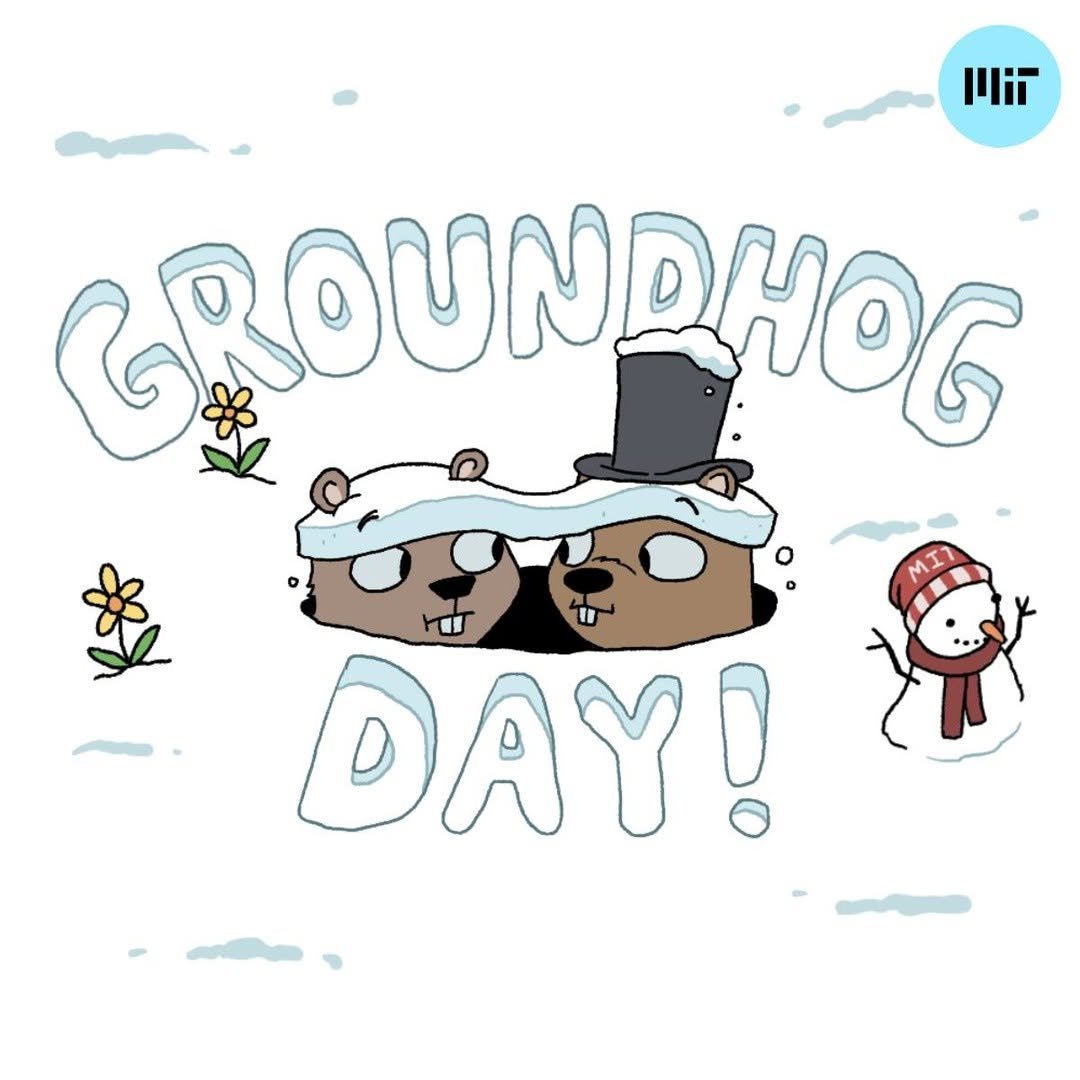 One cartoon groundhog wearing a top hat and one beaver poking out of snow, surrounded by ice and flowers. "Groundhog Day!" is written around them.