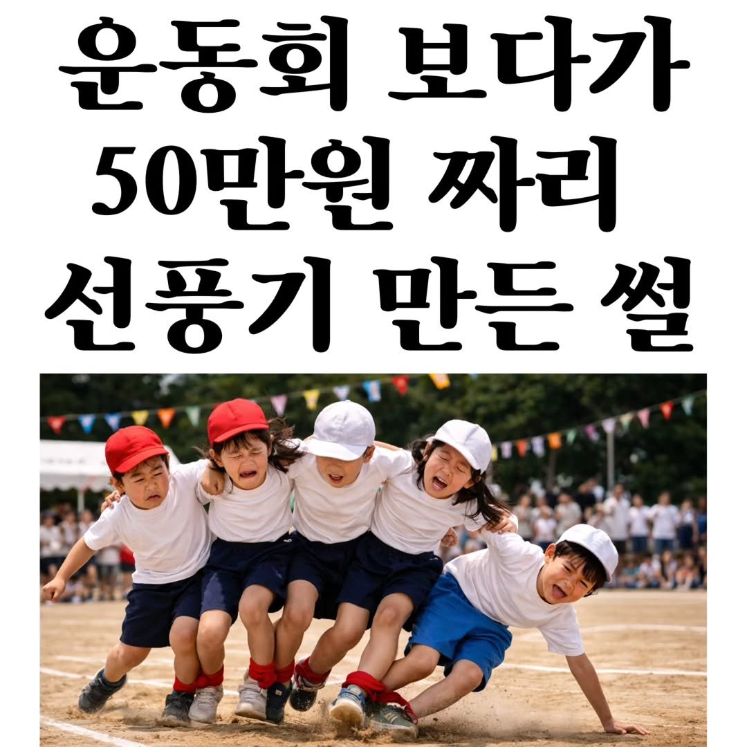 Photo by 마플리 | 마케팅•인사이트•커리어•생산성 on April 22, 2026. May be an image of child, sports equipment and text that says '운동회 보다가 50만원 짜리 선풍기 풍기만든설 썰 만든'.