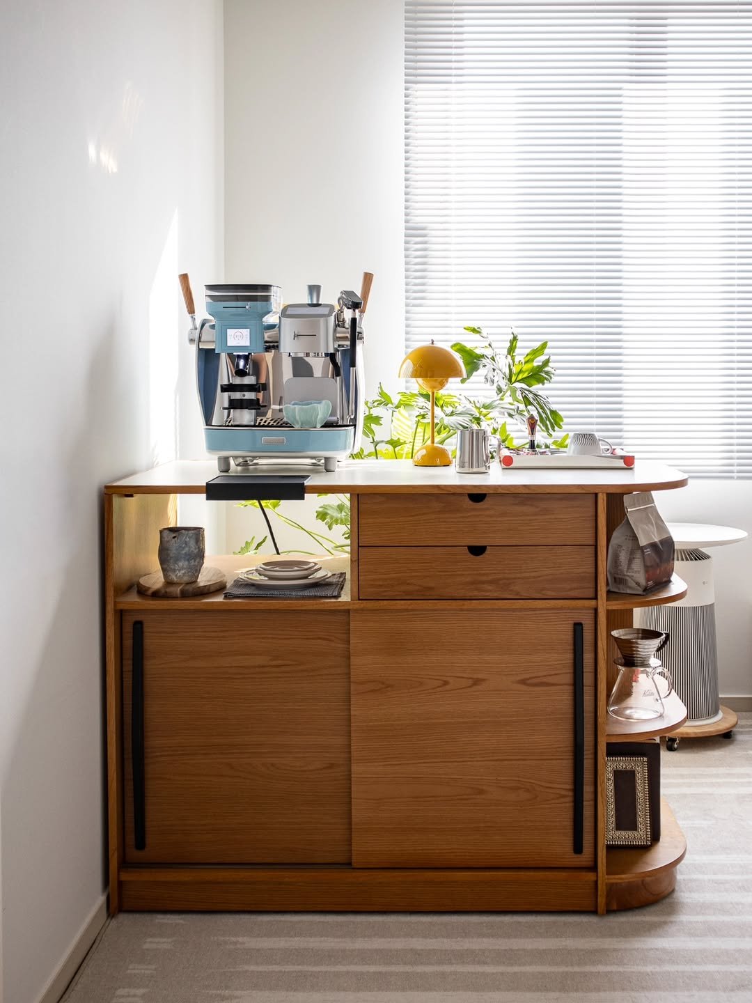 Photo shared by Megan | 메건's home on November 02, 2025 tagging @ruggable, and @otwo_furniture. May be an image of credenza, cabinet, bureau, coffee maker, desk, rack, indoors and text.