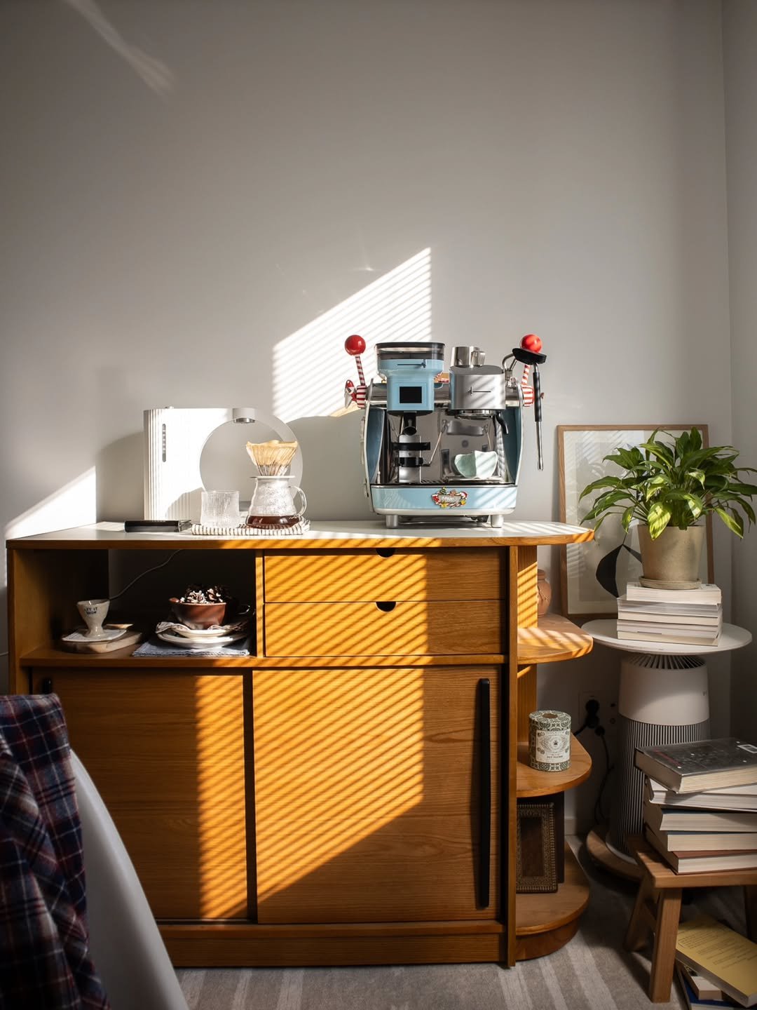 Photo shared by Megan | 메건's home on February 09, 2026 tagging @maxims.de.paris, and @otwo_furniture. May be an image of credenza, bureau, coffee maker, desk, rack and text.