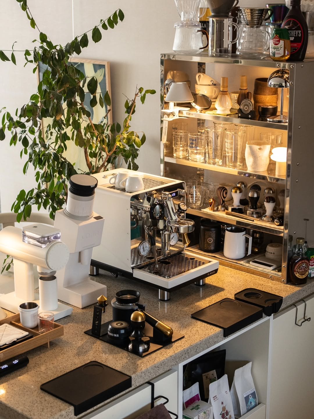 Photo shared by Megan | 메건's home on February 04, 2026 tagging @pesado58.5, and @elrocioespressomachine. May be an image of tea maker, coffee maker, grinder, countertop, spice rack, kitchen appliance, rack and text.