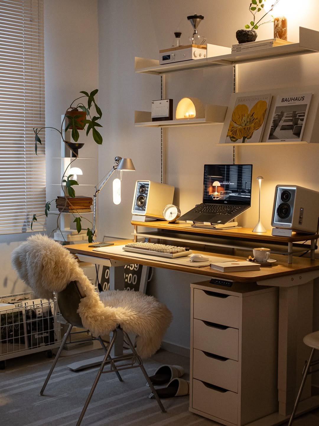 Photo shared by Megan | 메건's home on October 28, 2025 tagging @hermanmiller, @artemide_lighting, and @oframe_official. May be an image of bureau, computer keyboard, mouse pad, desk, indoors, office and text.