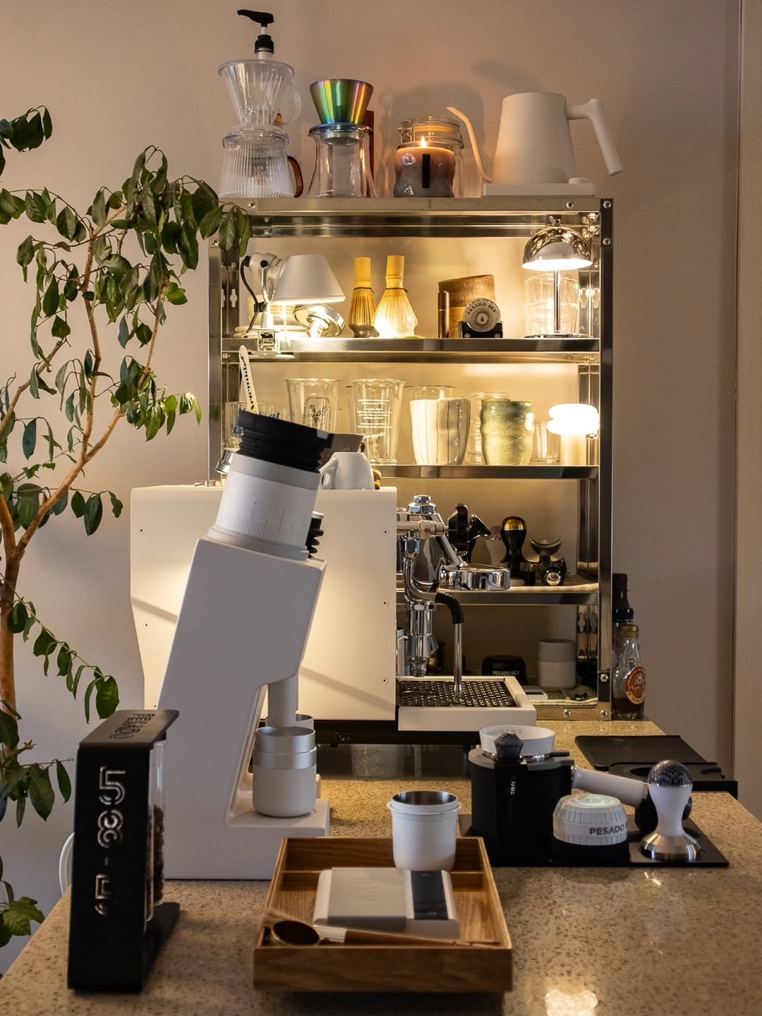 Photo shared by Megan | 메건's home on October 30, 2025 tagging @nordicnest.kr, @ilkwdesign, and @elrocioespressomachine. May be an image of tea maker, coffee maker, grinder, coffee cup, canister, kitchen appliance, shelf, carafe, spice rack, rack, cornflower, indoors and text.