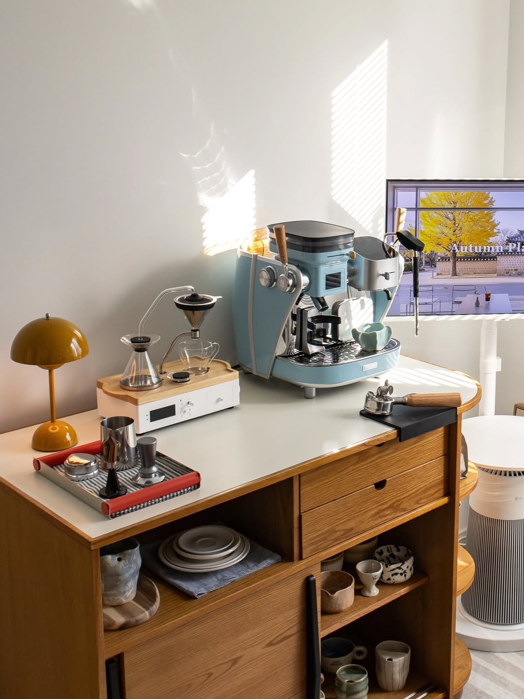 Photo shared by Megan | 메건's home on November 10, 2025 tagging @andtradition, @designletters, @otwo_furniture, and @maxims_coffee. May be an image of tea maker, coffee maker, desk, bureau, rack, cornflower and text.