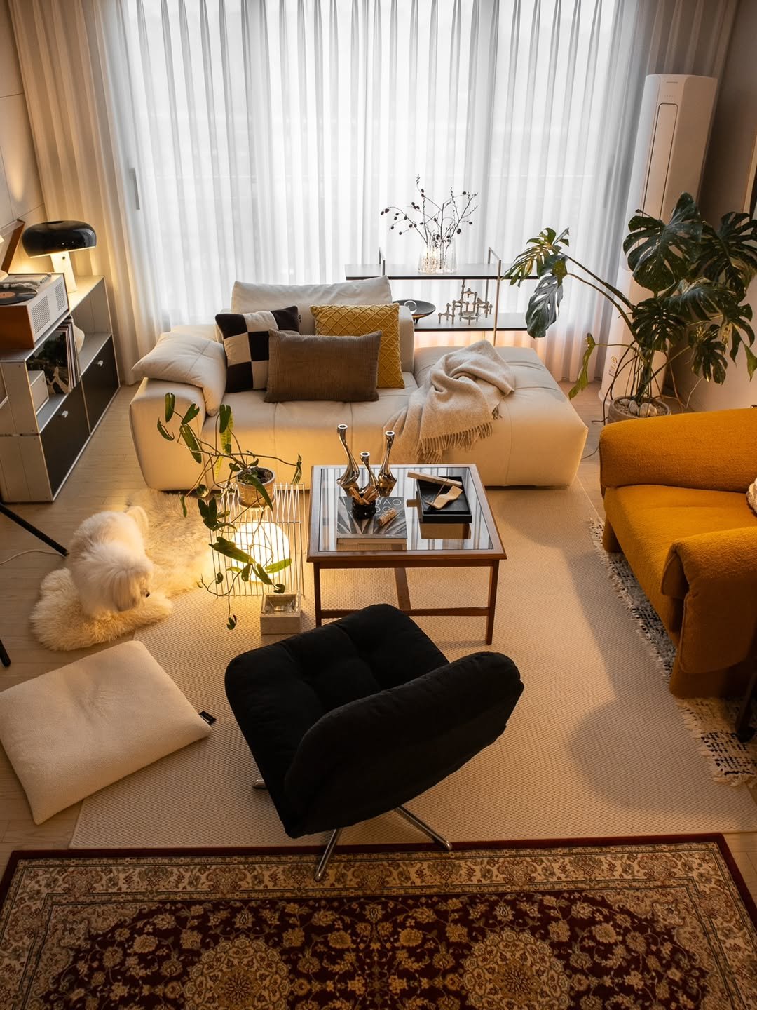 Photo shared by Megan | 메건's home on February 12, 2026 tagging @essasofa. May be an image of lighting, sofa, armchair, carpet, living room, indoors, bedroom and text.