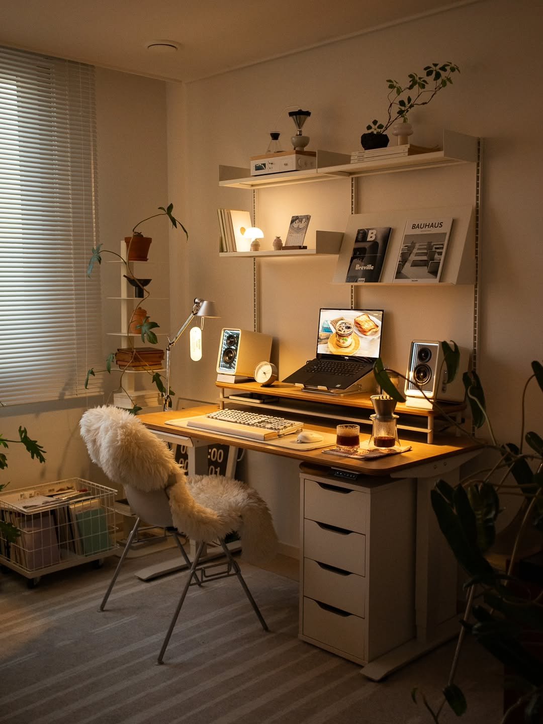 Photo shared by Megan | 메건's home on December 18, 2025 tagging @nordicnest, @ruggable, @rareraw_official, and @oframe_official. May be an image of house plant, bureau, desk, indoors, office and text.