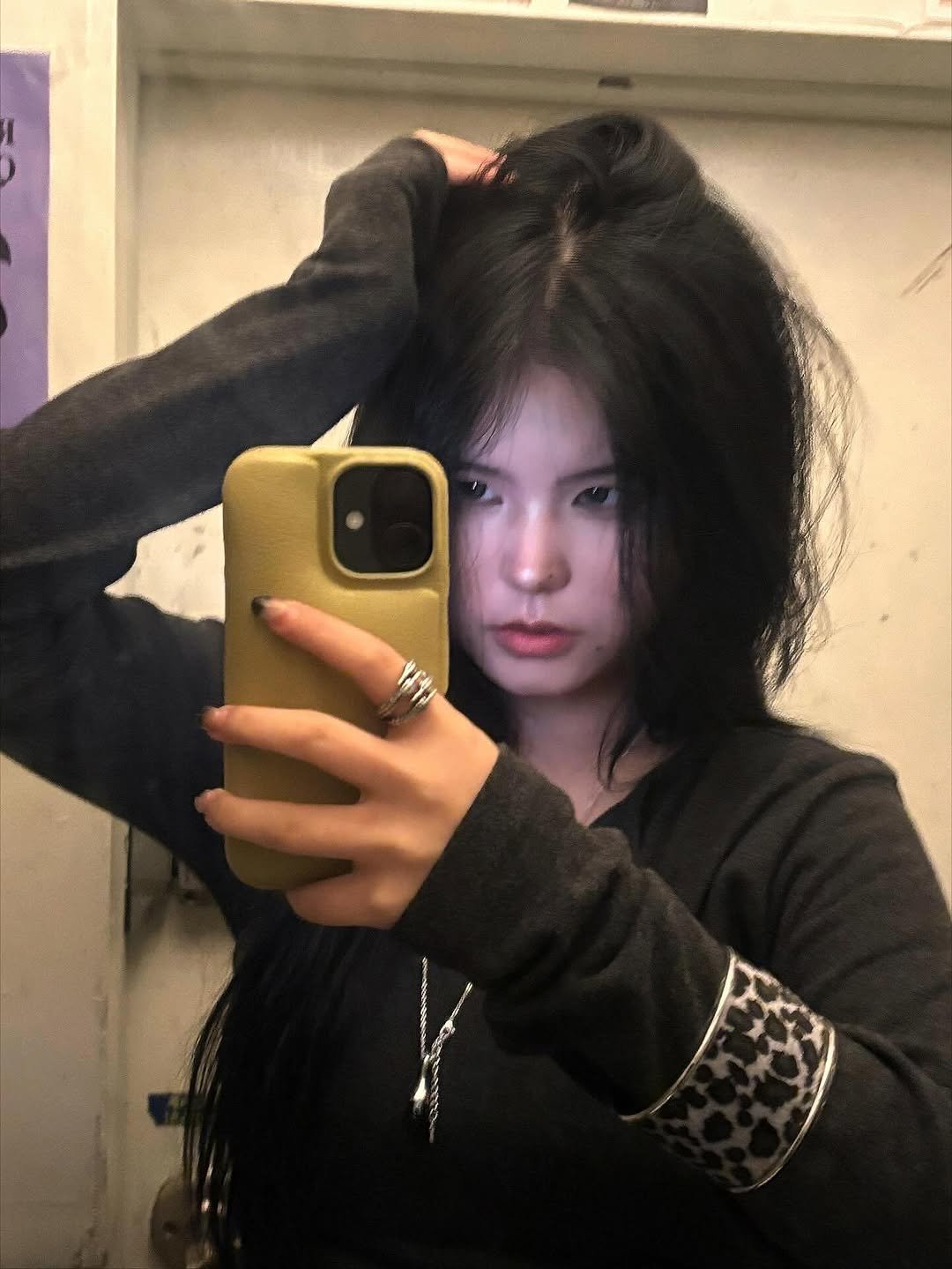 Photo shared by Hyebin Kim on October 24, 2025 tagging @thesoftivory. May be a selfie of one or more people, hair, phone, sweatshirt, mirror and text.