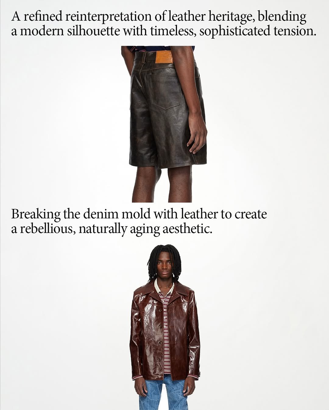 Photo by MMIC (엠엠아이씨) on April 22, 2026. May be an image of leather, overcoat, kilt, jacket and text that says 'A refined reinterpretation ofleather heritage, blending a modern silhouette with timeless, sophisticated tension. Breaking the denim mold with leather to create a rebellious, naturally aging aesthetic.'.