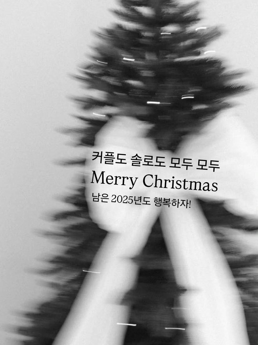 Photo by 나영, 문득 전하고 싶은 말 on December 24, 2025. May be a black-and-white image of christmas tree, tinsel and text that says '커플도 솔로도 모두 모두 Merry Christmas 남은 2025년도 행복하자!'.