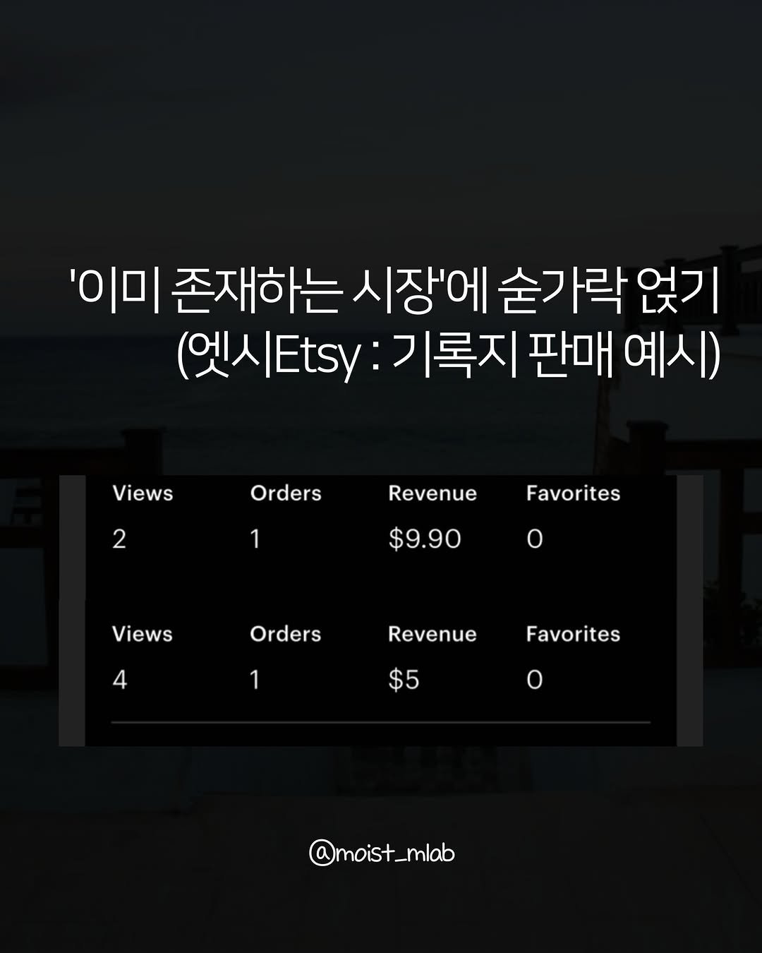 Photo by 촉촉한마케터 on January 23, 2026. May be an image of text that says ''이미 존재하는 시장'에 숟가락 얹기 (엣시..: 기록지 판매 판매예시) 예시) Views Orders 2 Revenue 1 Favorites $9.90 O Views Views 4 Orders 1 Revenue Favorites $5 O @moist_mlab _mlab @mois noist'.