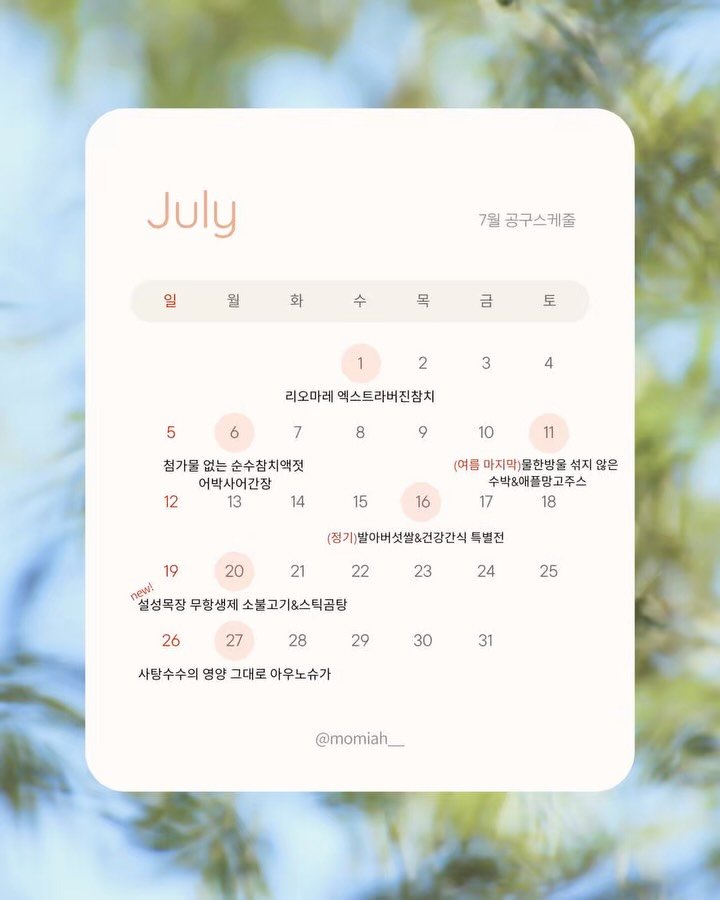 momiah__ 게시물 이미지: 7월 마미아에서 기대되는 품목 댓글로 알려주세요✨
오픈 전 댓글알림+ 추첨을 통해...