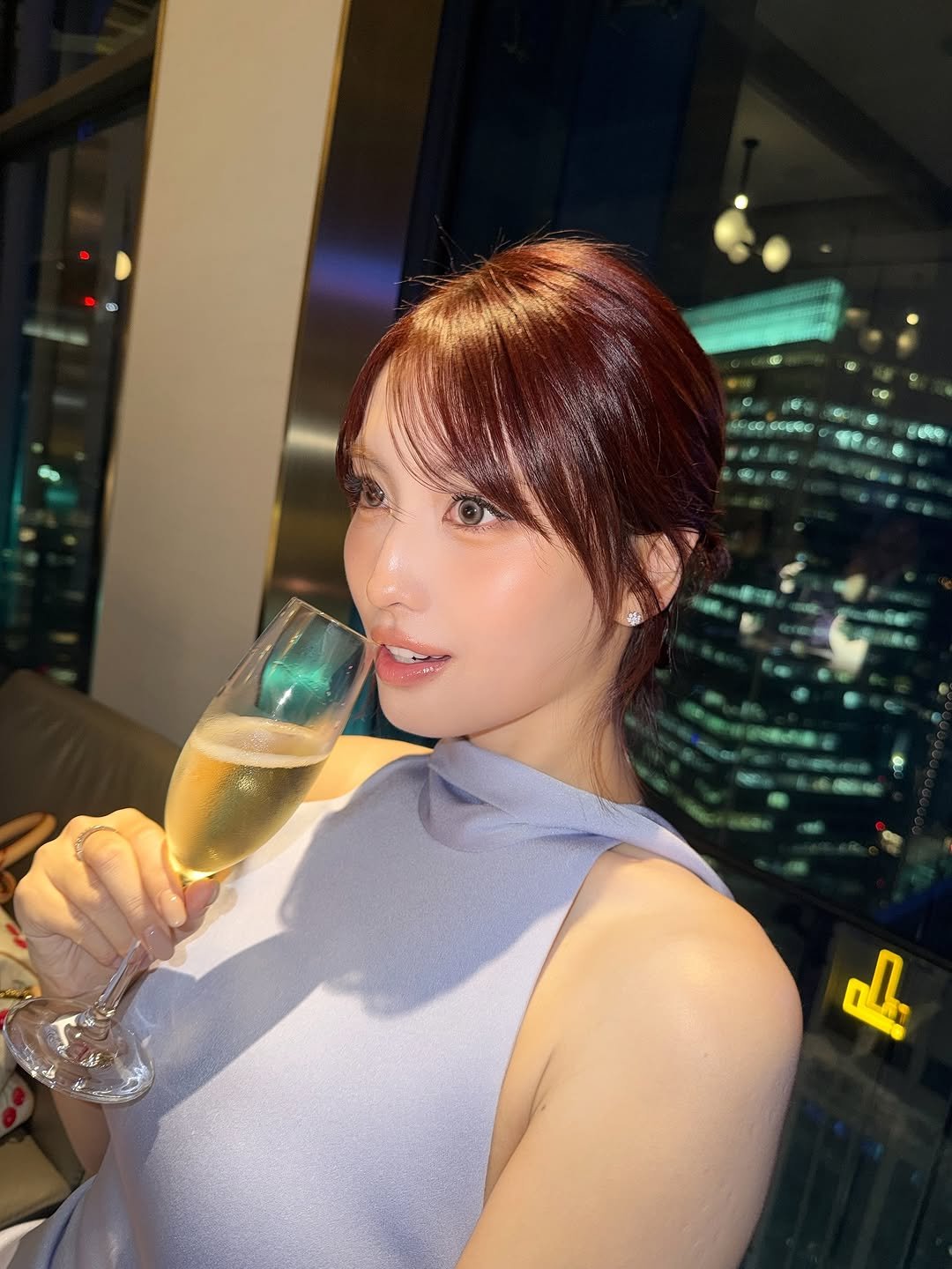 Photo shared by 모모 (MOMO) on October 14, 2025 tagging @amaffi. May be an image of one or more people, hair, champagne and text.