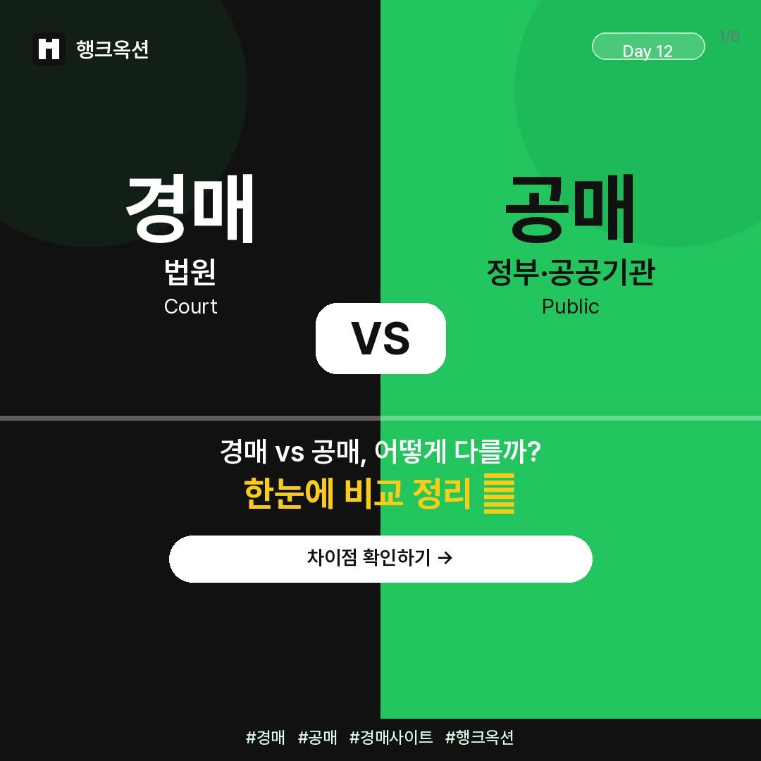 Photo by 머니헌터 제프 on April 11, 2026. May be an image of text that says 'Η 행크옥션 1/6 Day12 Day12 12 경매 법원 Court 공매 정부·공공기관 Public VS 경매 vs 공매, 어떻게 다를까? 한눈에 비교 정리 차이점 확인하기 → #경매 #경매#공매#좀매사이트#항크옥션 #공매 #경매사이트 #행크옥션'.