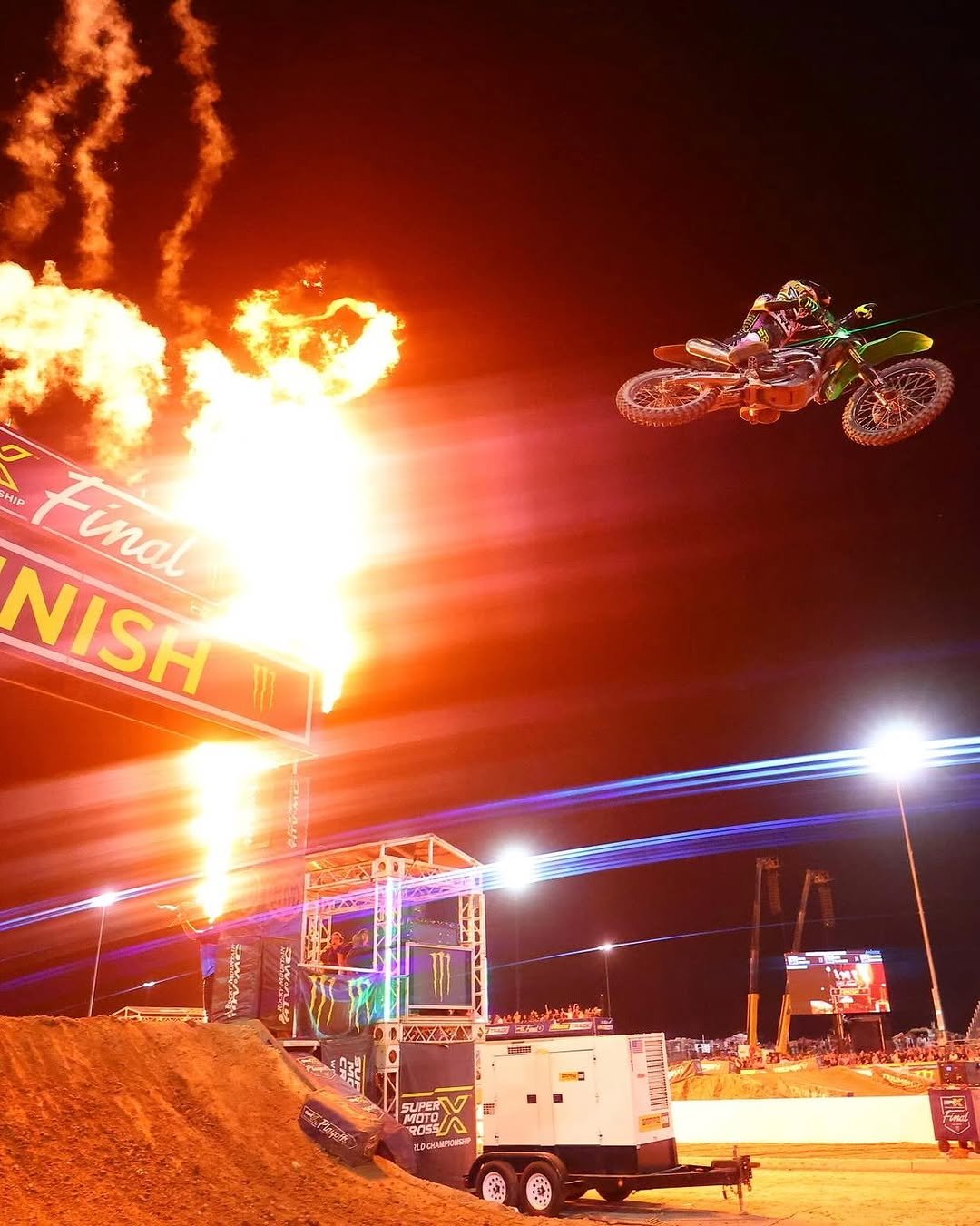 Photo shared by Monster Energy on September 20, 2025 tagging @promotocross, @pcraceteam, @supercrosslive, @sethhammaker, and @supermotocross. May be an image of racing vehicles, all-terain vehicle, fire and text.