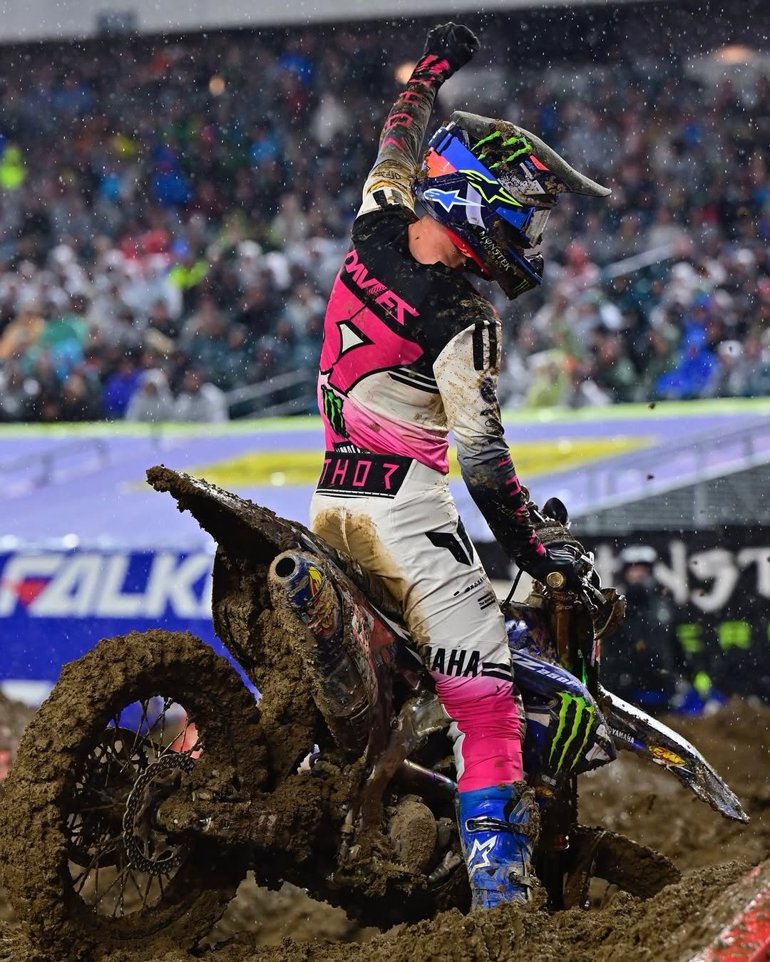 Photo shared by Monster Energy on April 25, 2026 tagging @supercrosslive, @starracingyamaha, @cole17davies, @blucruofficial, and @supermotocross. May be an image of racing vehicles, dirt bike and text.