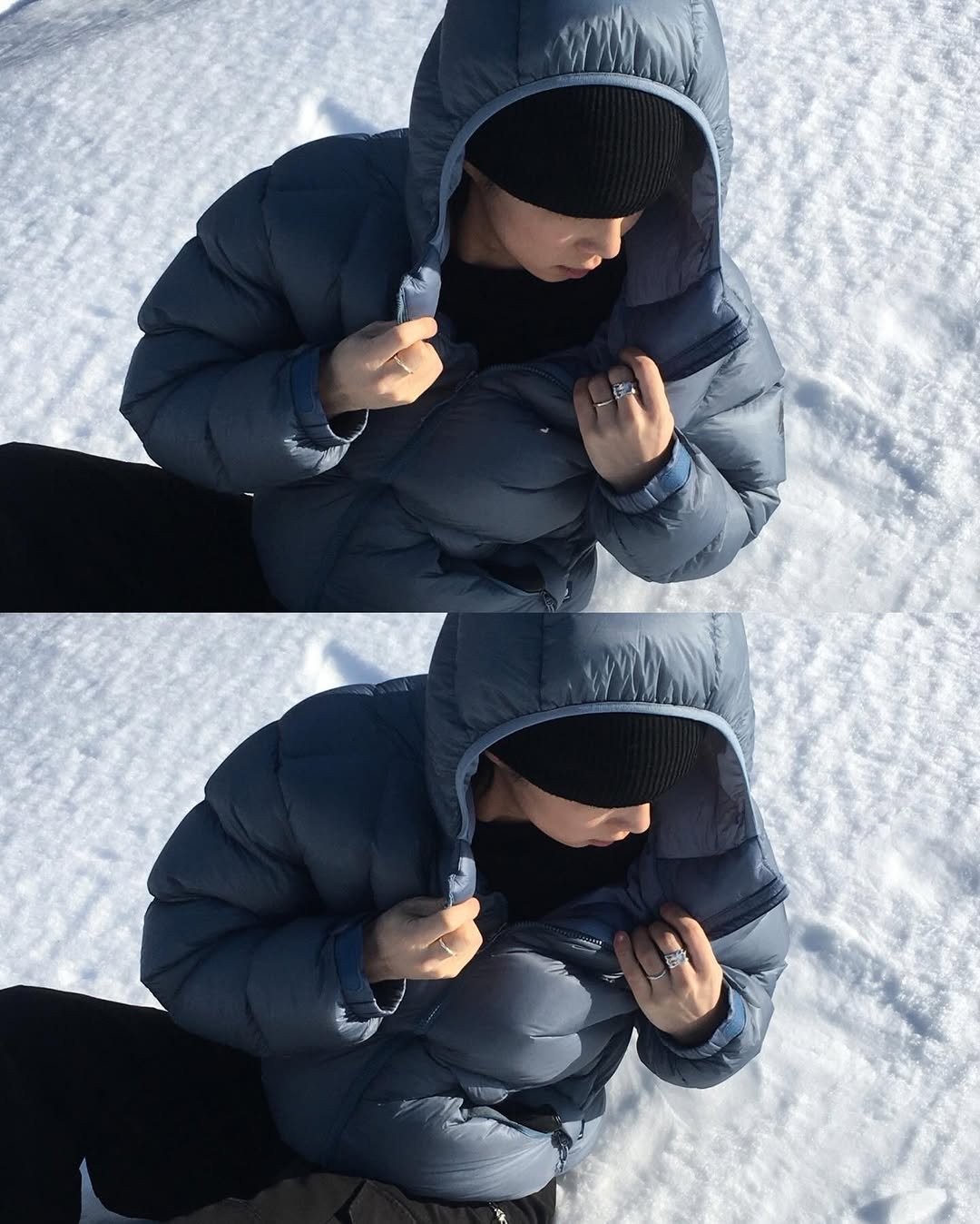Photo by 민 서 on December 24, 2025. May be an image of child, duffle coat, snowball, goosedown coat, fleece, raincoat, snowsuit, parka, ski slope, arctic, snow and text.