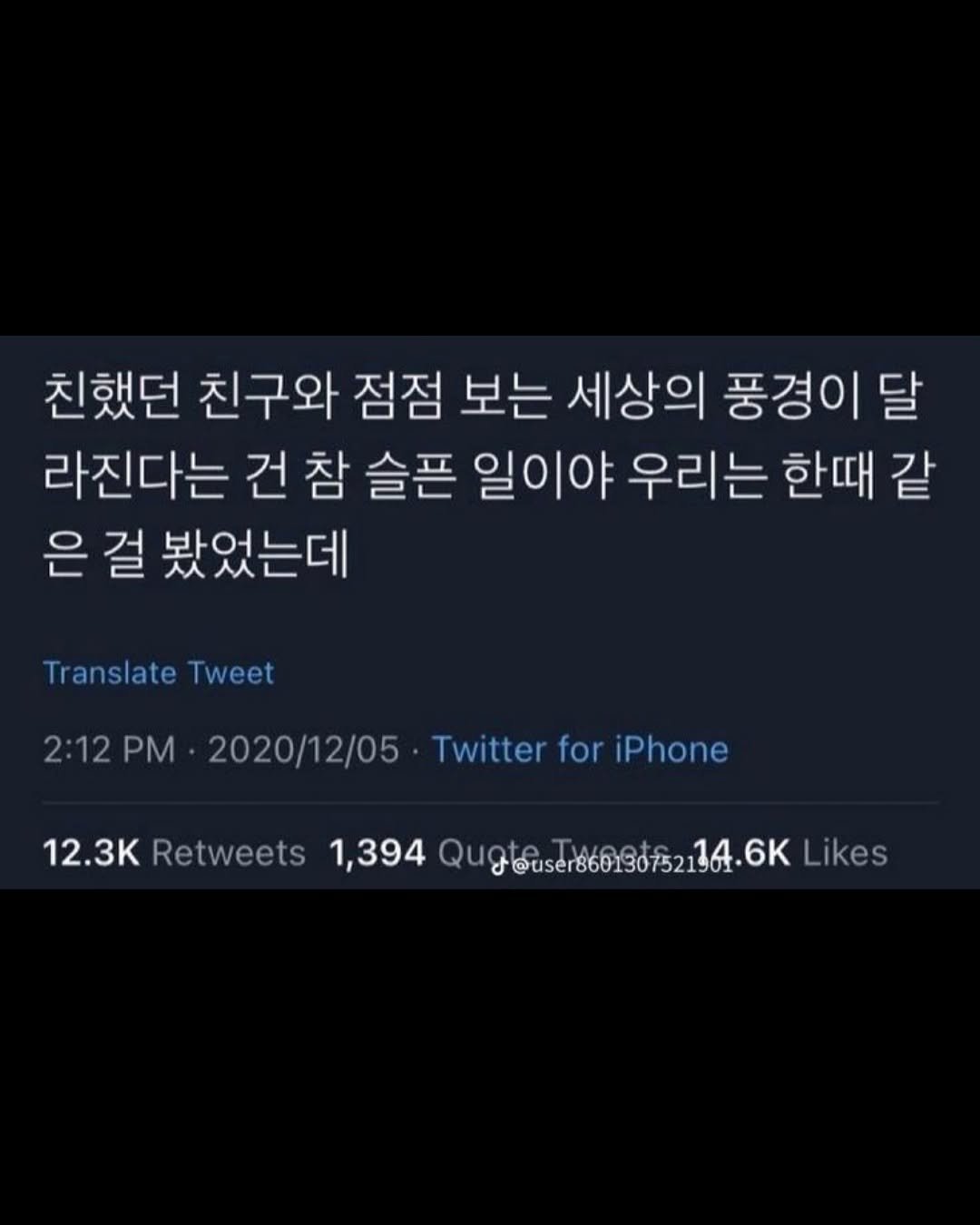 Photo by 무채색 on September 20, 2025. May be a Twitter screenshot of text that says '친했던 친구와 점점 보는 세상의 풍경이 달 라진다는 건 건참 참 슬픈 일이야 우리는 한때 같 은 걸 봤었는데 Translate Tweet 2:12PM 2020/12/05 Twitter for iPhone 12.3K Retweets Retweets 1,394 Qug ИAp-.16019775216.6K 4.6K Likes'.