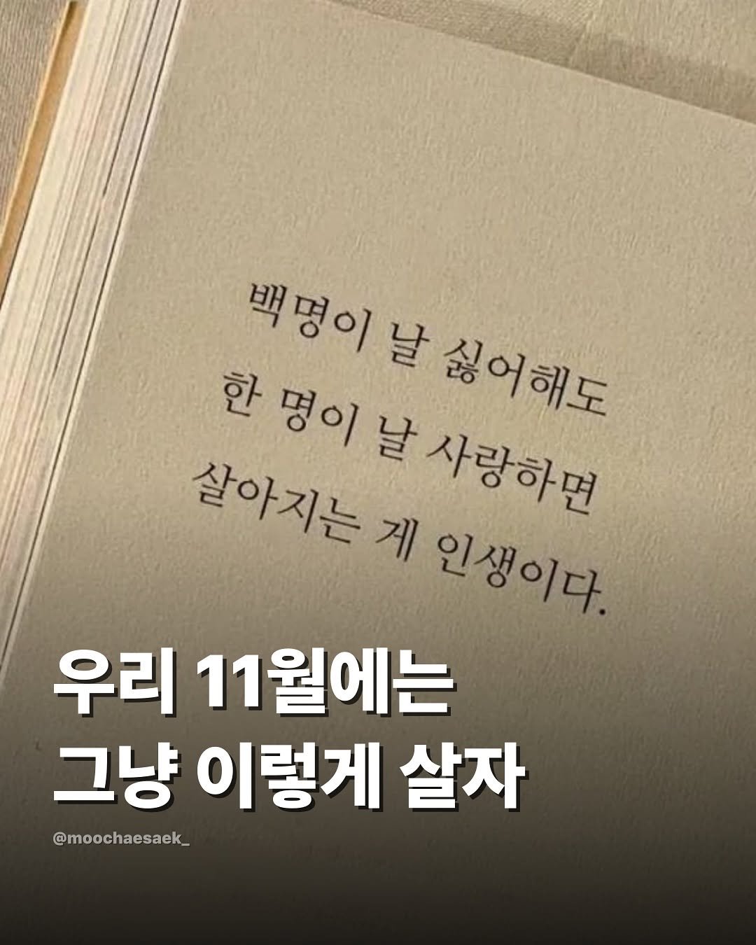Photo by 무채색 on November 14, 2025. May be an image of book and text that says '백명이 한 명이 날 사랑하면 빼용이날싶어해도 날 싫어해도 살아지는 게 인생이다. 우리 11 11월에는 그냥 이렇게 살자 @moochaesaek_'.