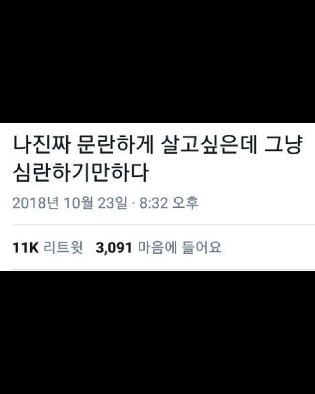 Photo by 무채색 on September 23, 2025. May be an image of text that says '나진짜 문란하게 살고싶은데 그냥 심란하기만하다 2018년 10월 23일 8:32 오후 11K리트윗 3,091 마음에 들어요 11K 리트윗'.